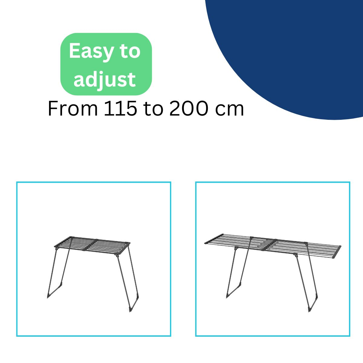 Étendoir réglable en deux tailles, 115 cm et 200 cm.