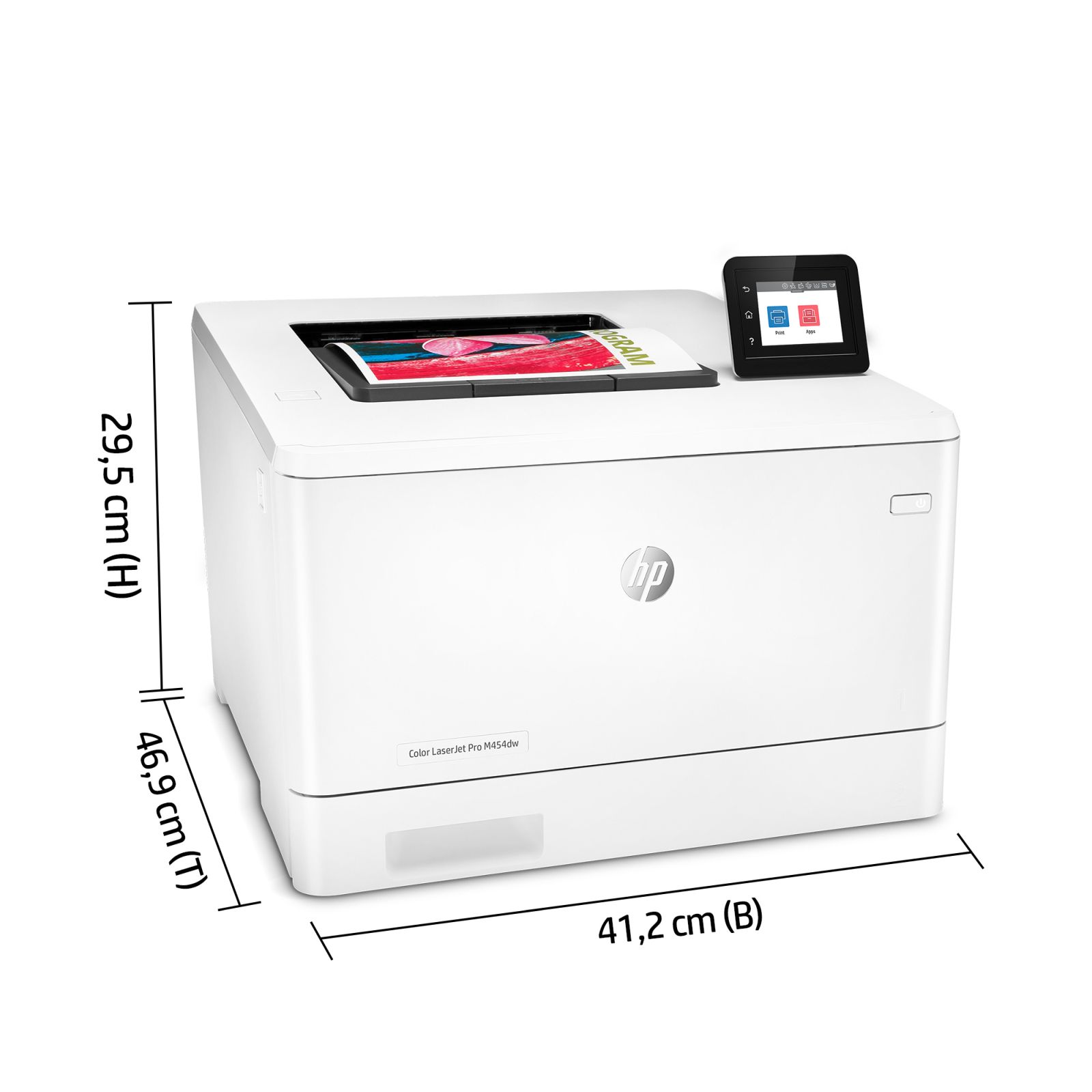 Stampante HP Color LaserJet Pro M454dw bianca con pagina stampata e touch screen.