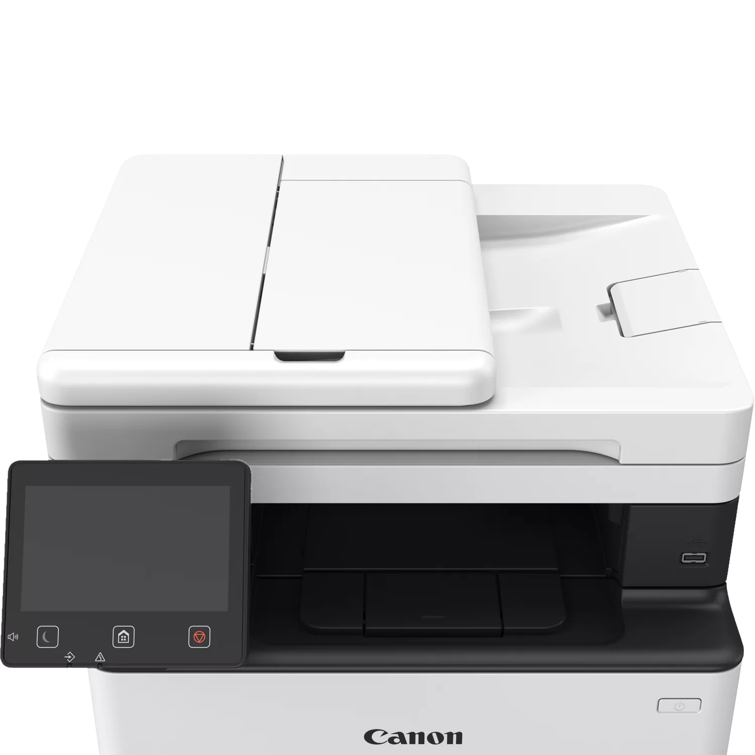 Biała drukarka Canon z czarnym ekranem dotykowym i tacą odbiorczą papieru.