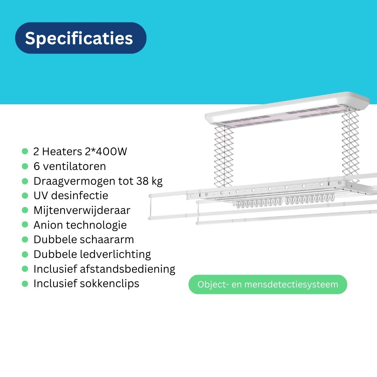 Spécifications d'un sèche-linge blanc avec lumières et système de suspension.