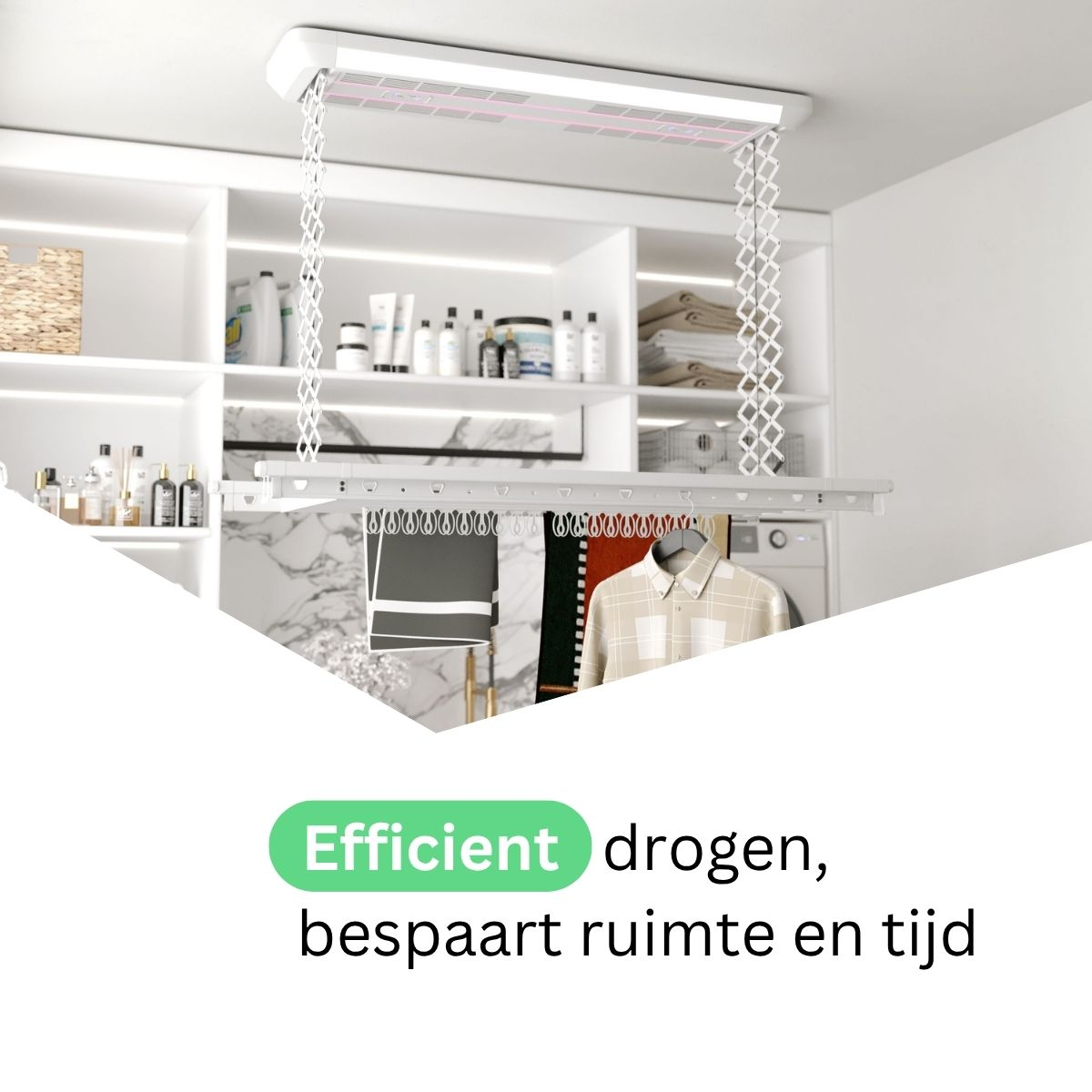 Un séchoir à linge moderne suspendu au plafond avec des vêtements et des étagères.