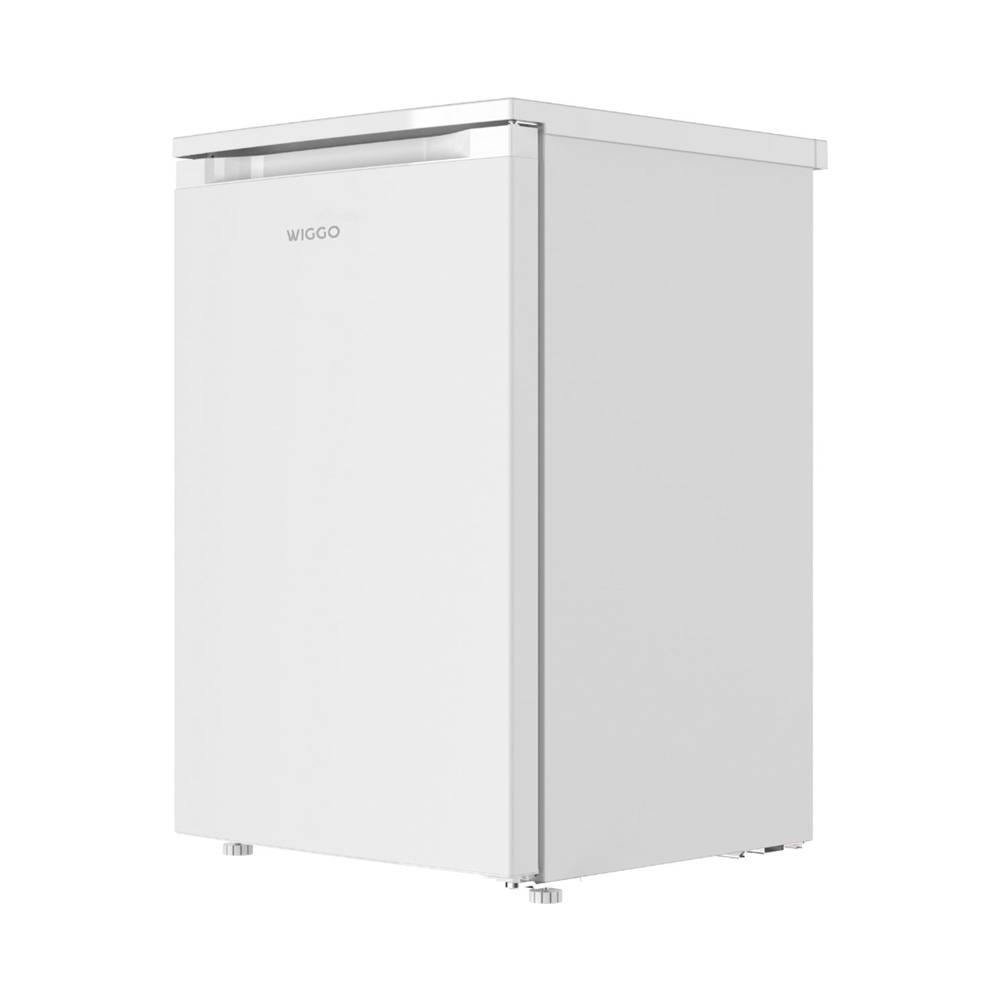 Un réfrigérateur blanc et compact avec une poignée argentée et le logo "WIGGO".