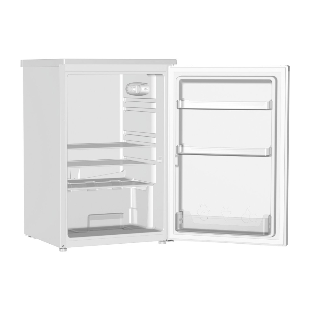 Un réfrigérateur blanc avec la porte ouverte, montrant des étagères vides.