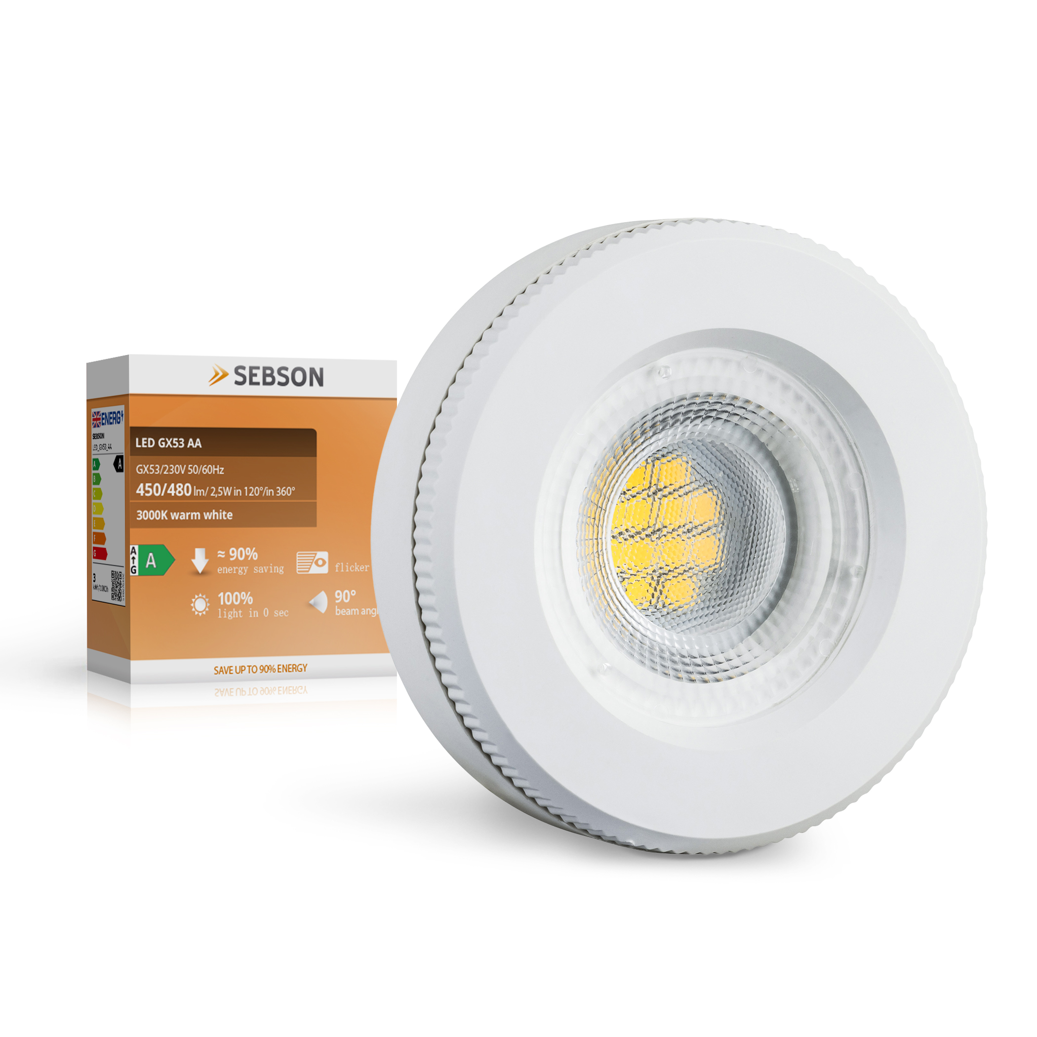 Eine weiße LED-Lampe mit Verpackung. Die Verpackung zeigt Energieeffizienz-Informationen.