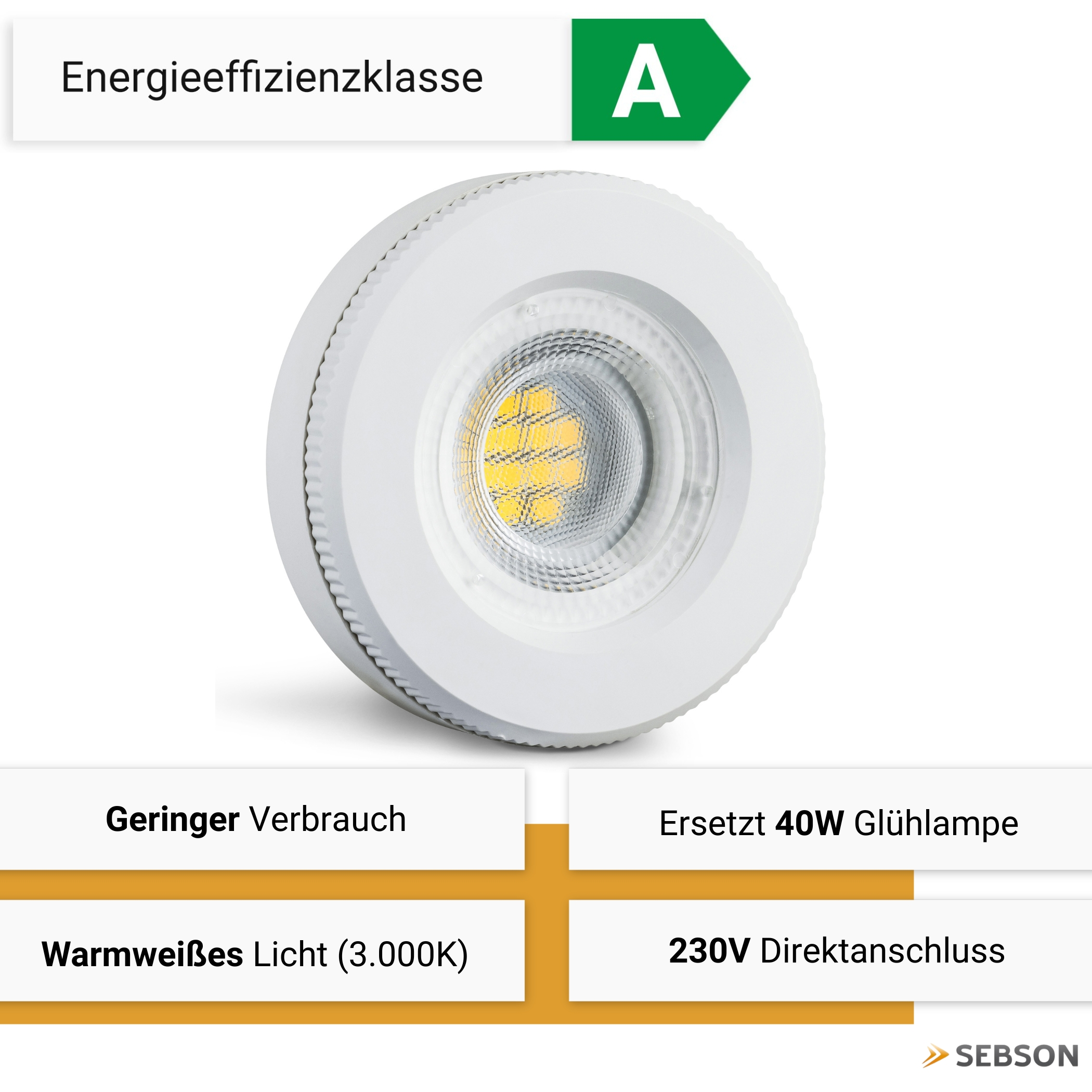 Weiße LED-Leuchte mit Energieeffizienzklasse A, warmweißem Licht.