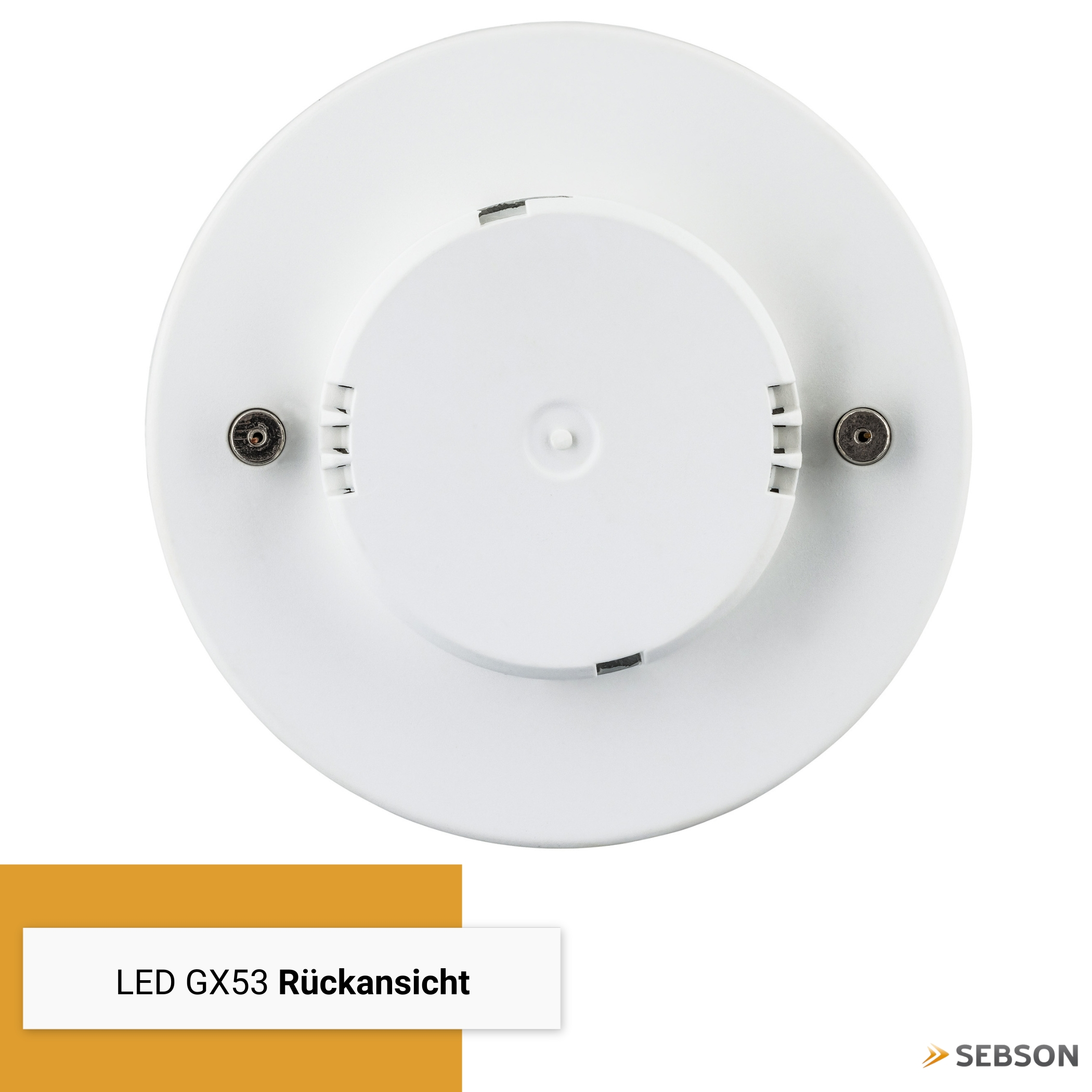 Rückseite einer runden, weißen LED-Lampe mit Befestigungsschrauben.