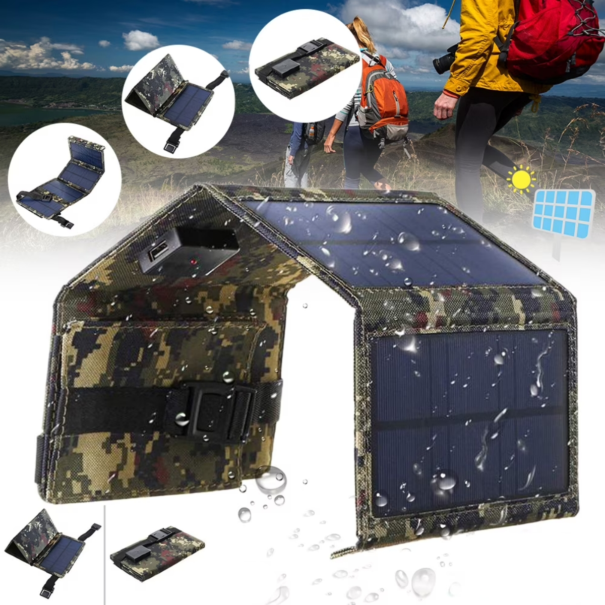 Ein aufklappbares Solarpanel mit Tarnmuster und USB-Anschluss für Outdoor-Aktivitäten.