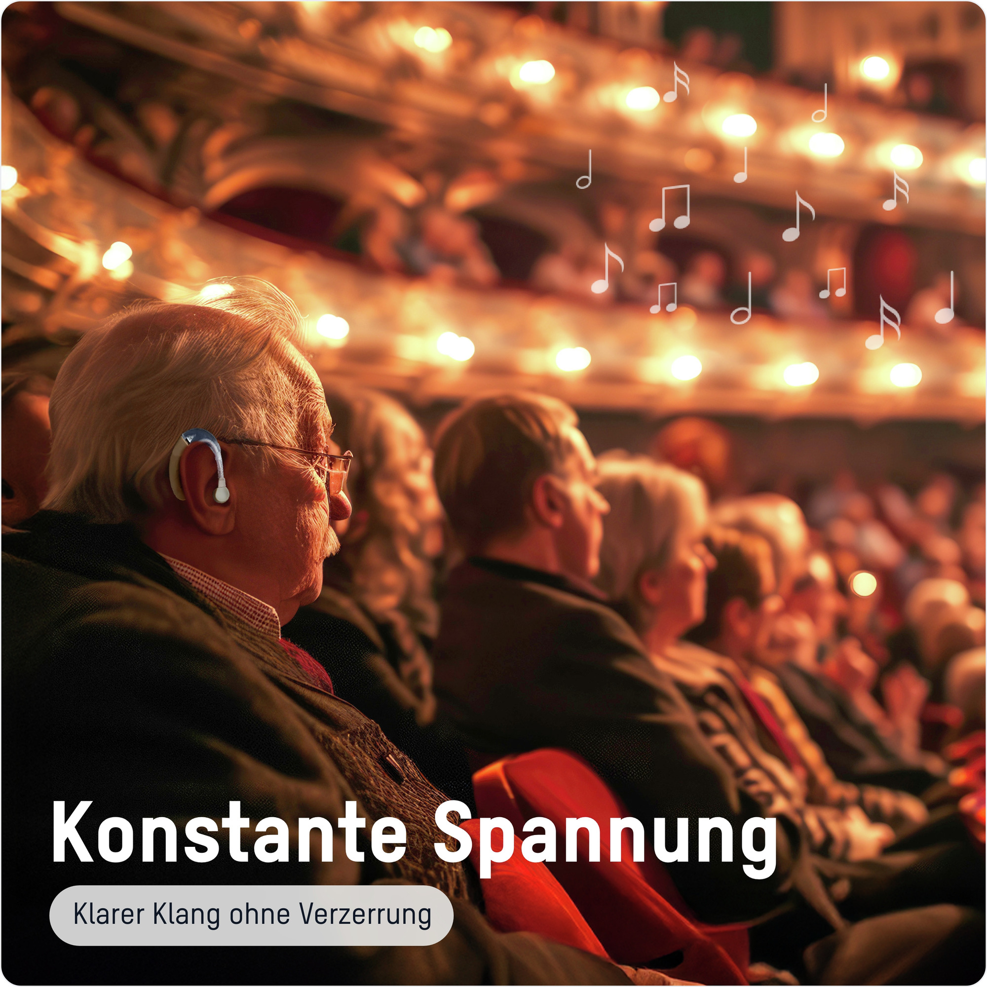 Mann mit Hörgerät im Auditorium, Noten fliegen darüber.
