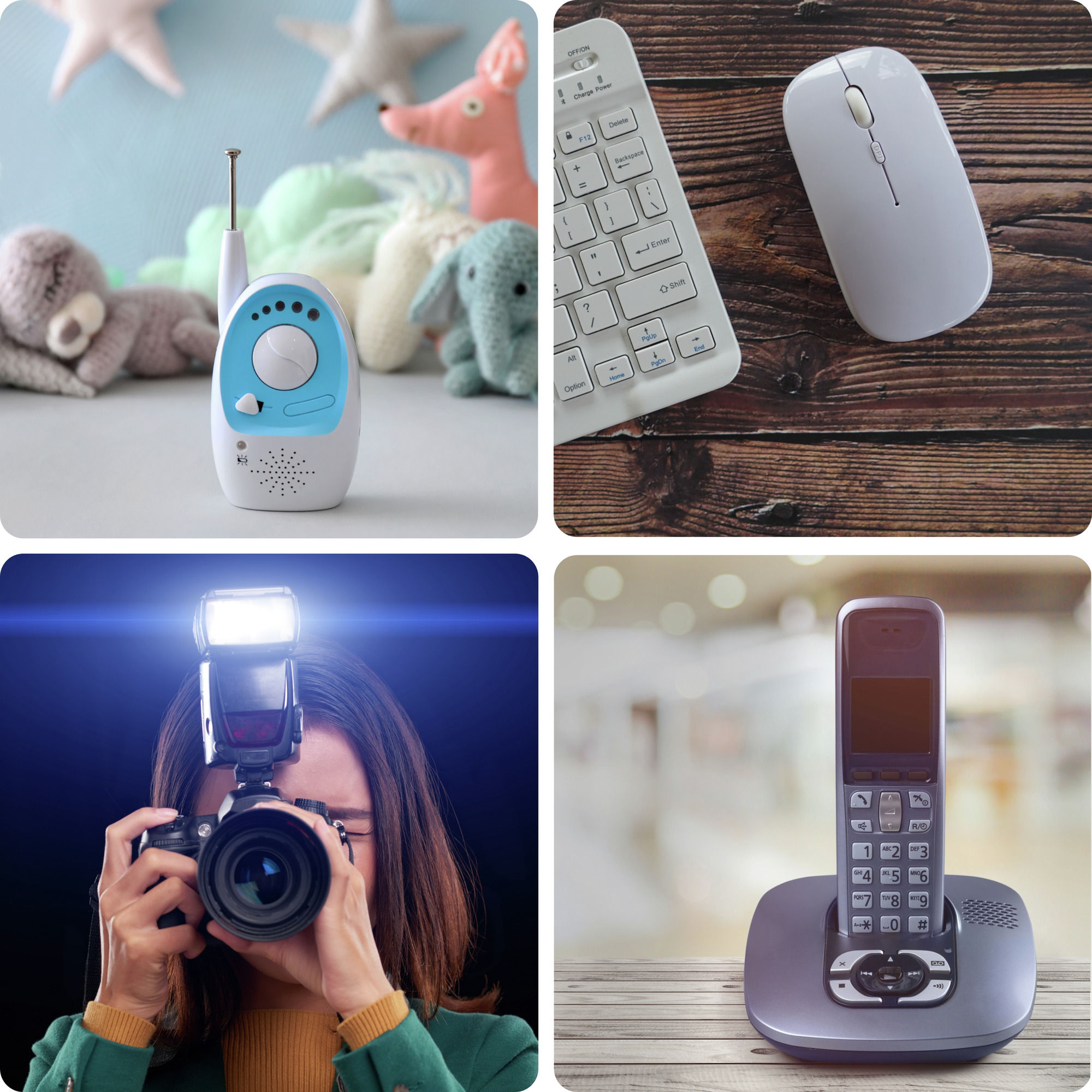 Babyphone mit Stofftieren, Tastatur und Maus, Kamera und Schnurlostelefon.