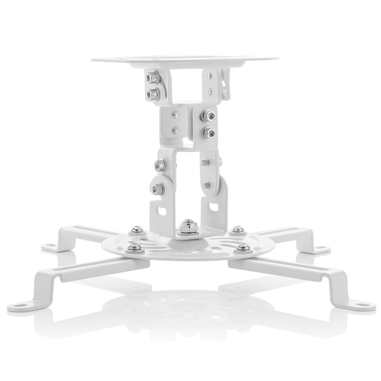 Soporte de techo blanco para proyector con brazos y tornillos ajustables.