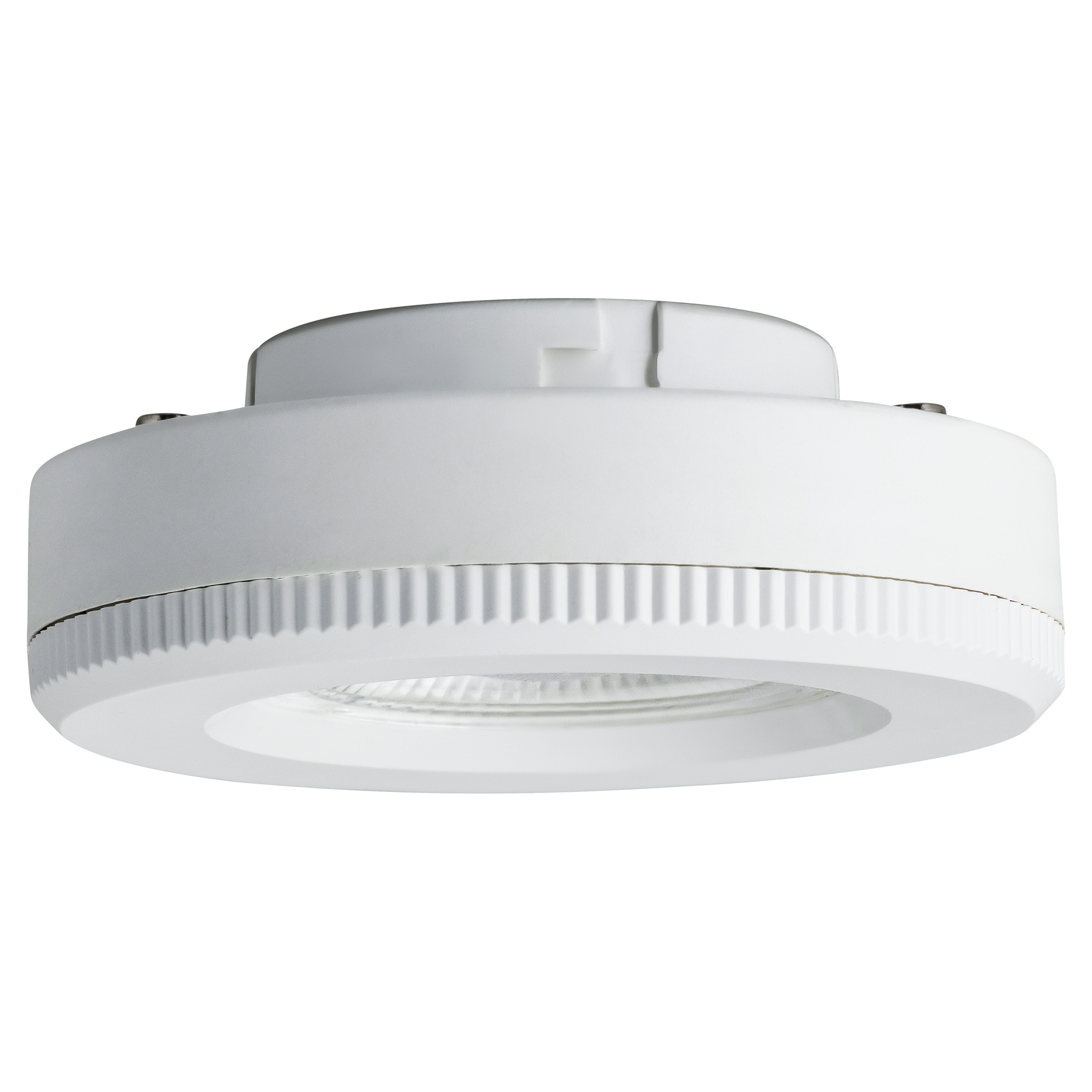 Ein weißer Deckenlampenadapter mit einem gerippten Ring und sichtbaren Schrauben.