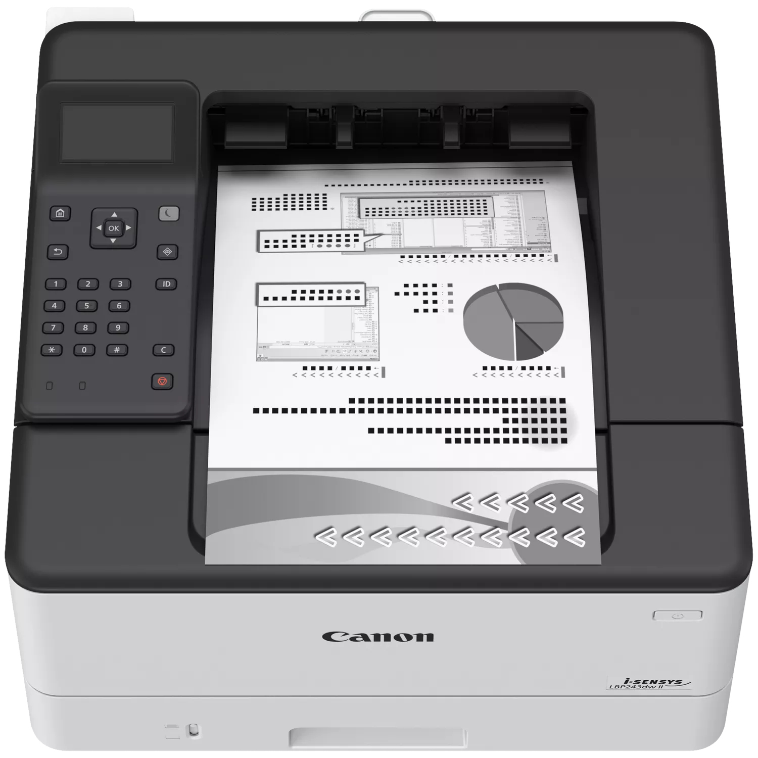 Czarna drukarka laserowa Canon z dokumentem zawierającym wykresy.
