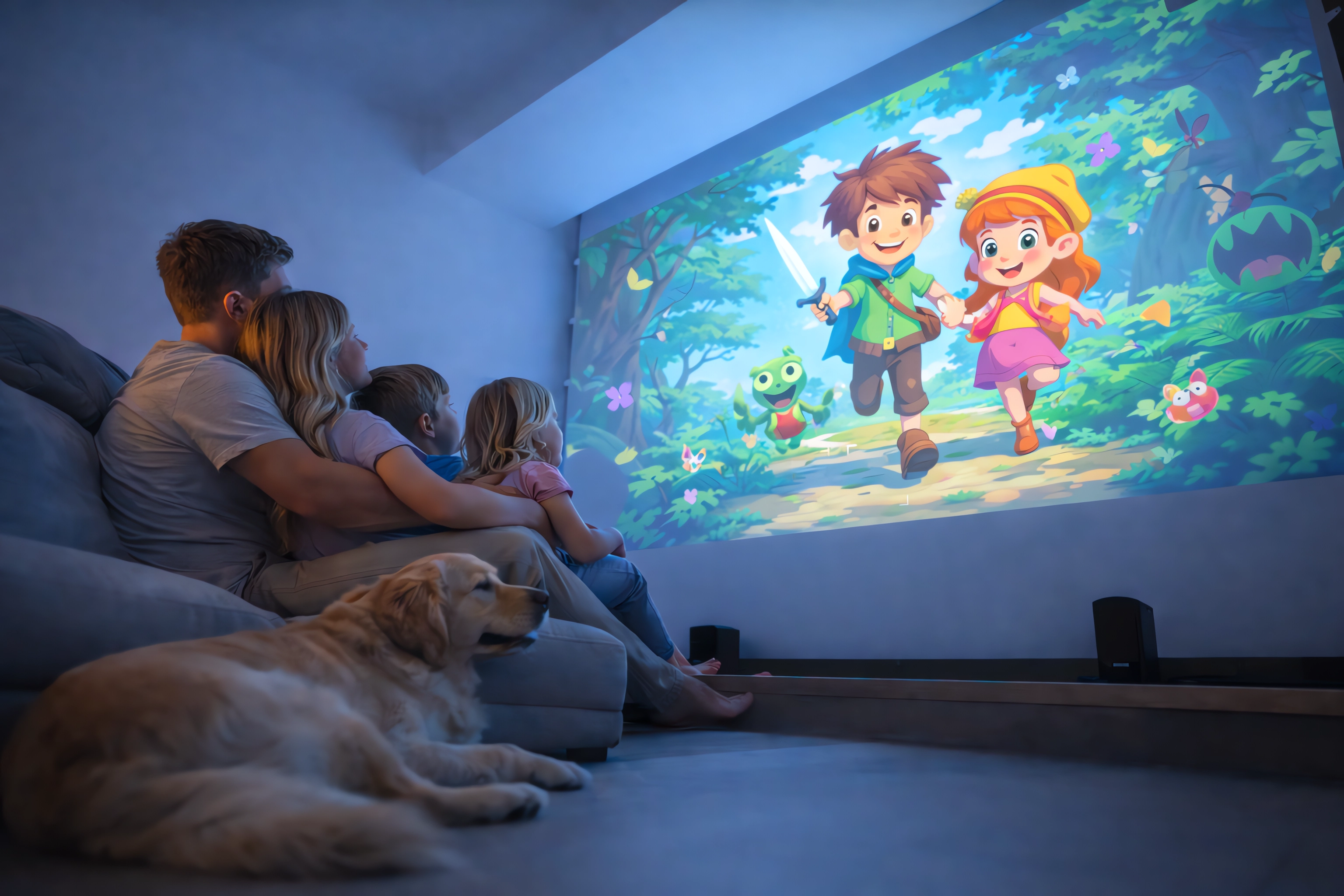 Familie schaut Zeichentrickfilm im dunklen Raum. Hund liegt vorne.