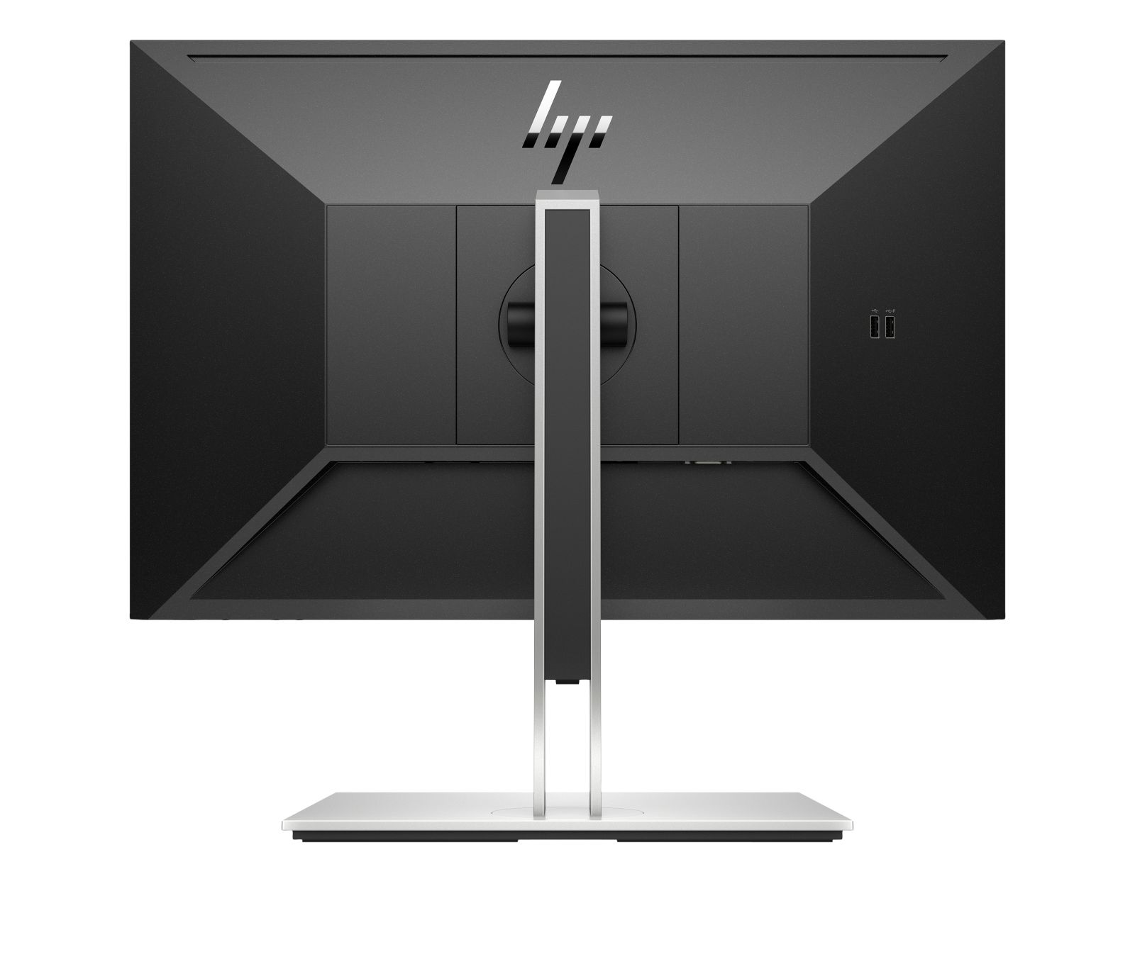 Vista trasera de un monitor HP negro con soporte plateado y puertos.