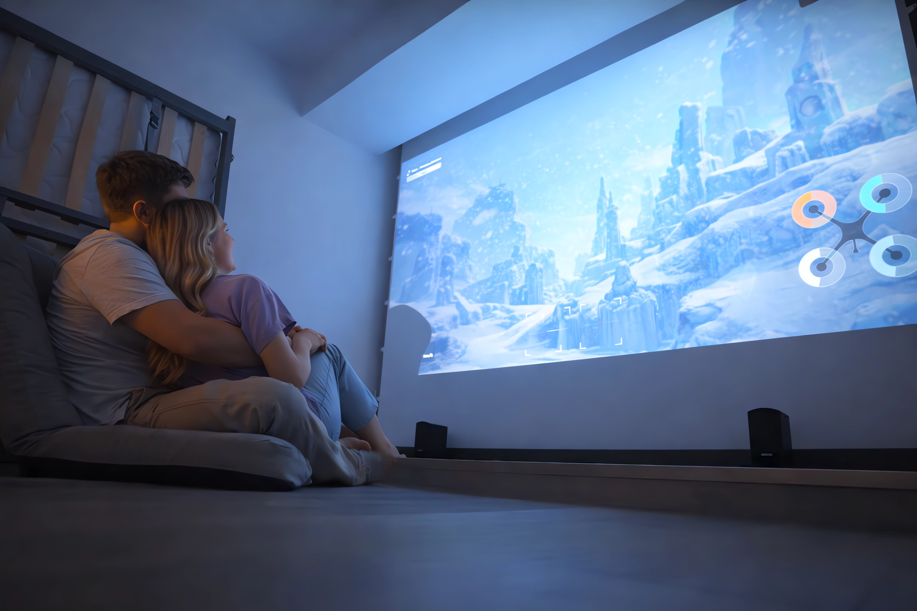Ein Paar schaut einen Film auf einer Leinwand im dunklen Raum. Ein Bettgestell ist sichtbar.