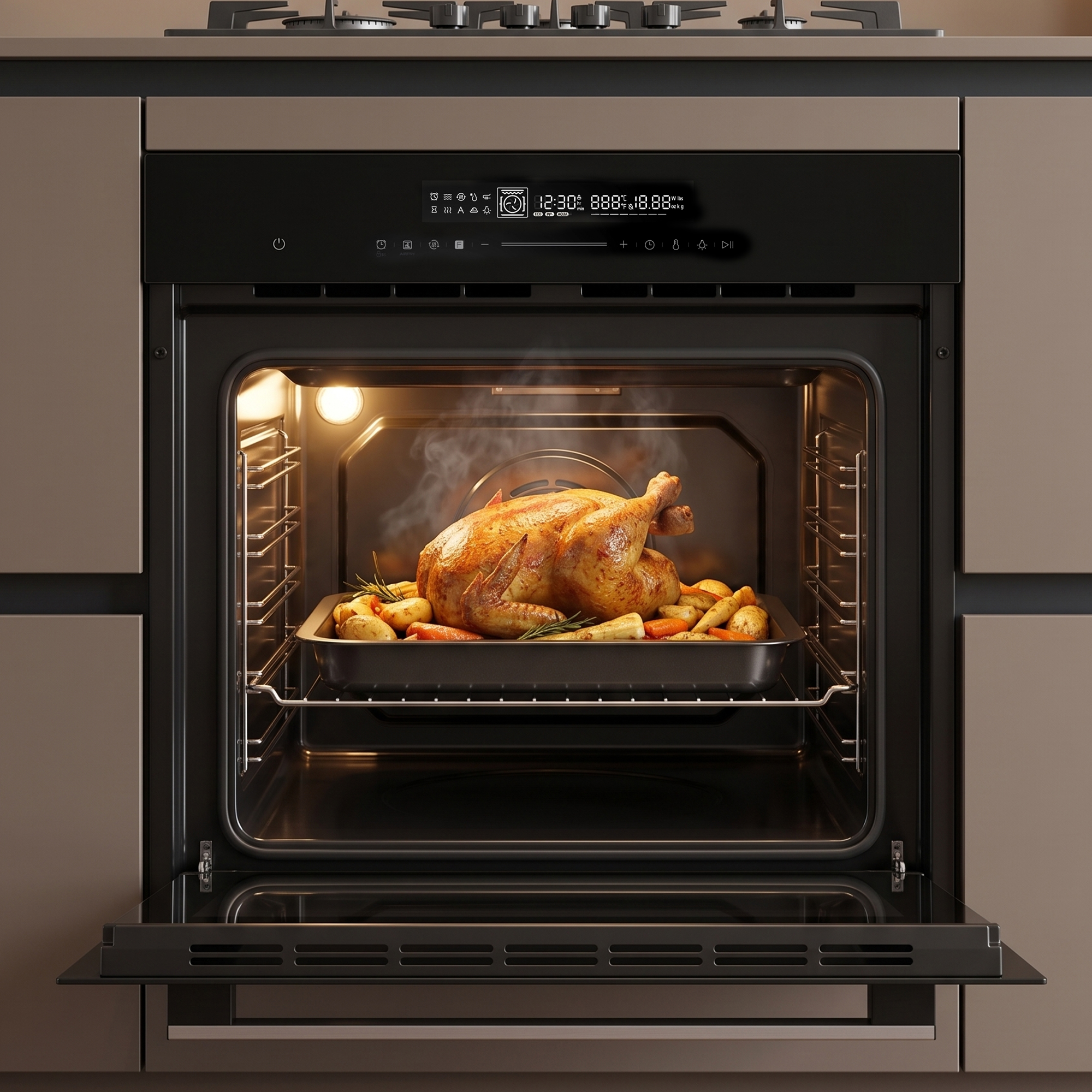 Un poulet rôti doré avec des pommes de terre et des carottes dans un four ouvert.