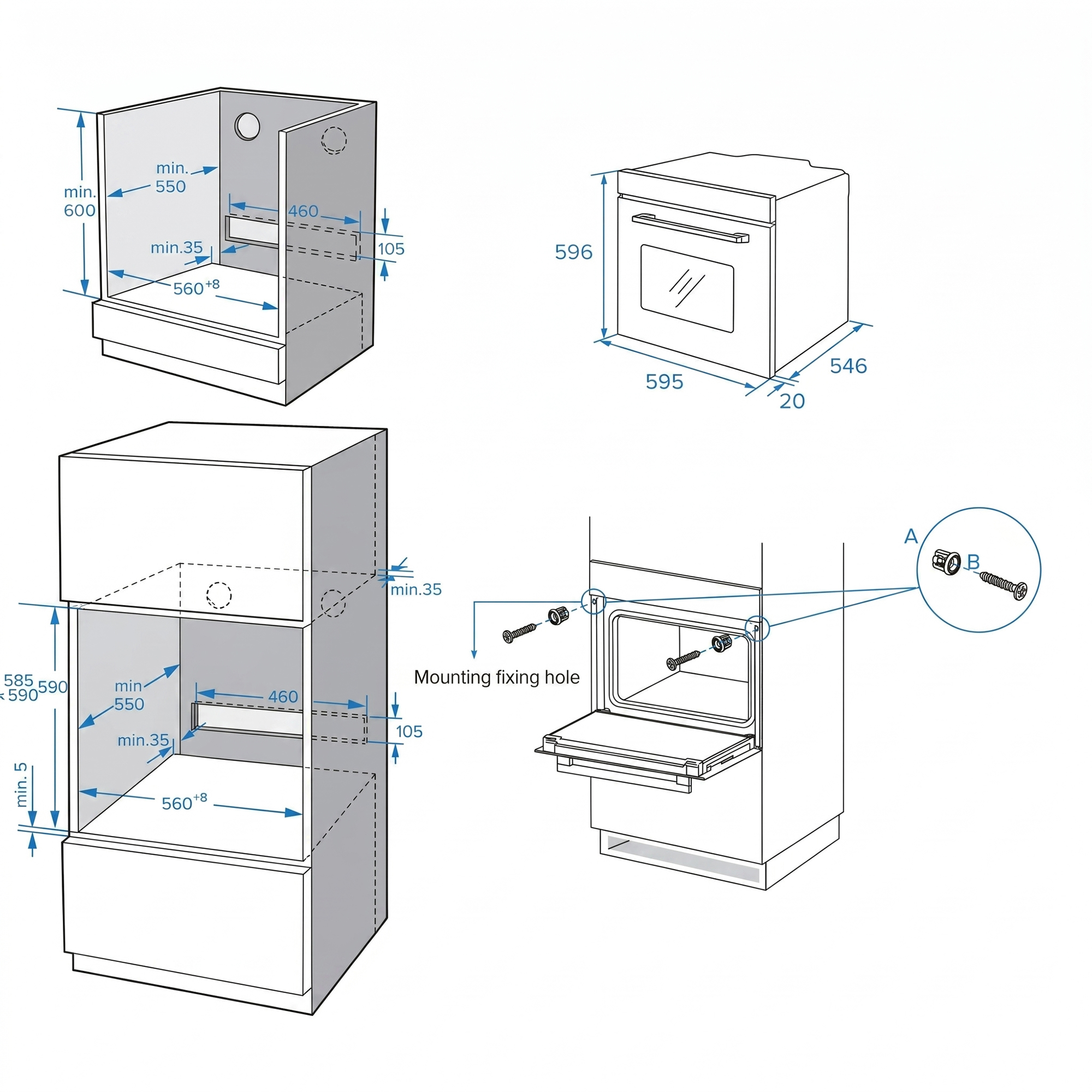 Technische tekening met afmetingen voor inbouwoven en kast.