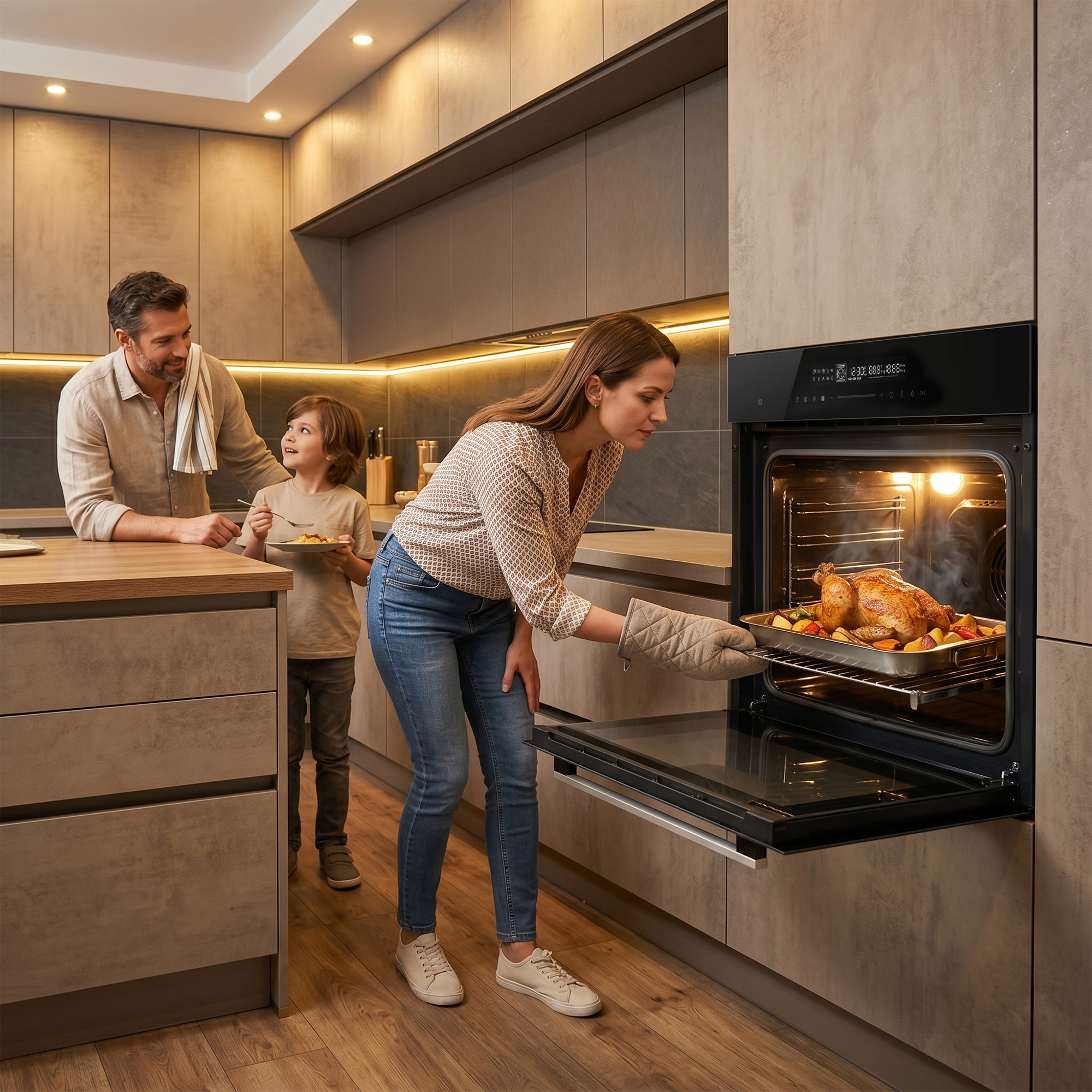 Famille dans la cuisine avec poulet rôti au four.
