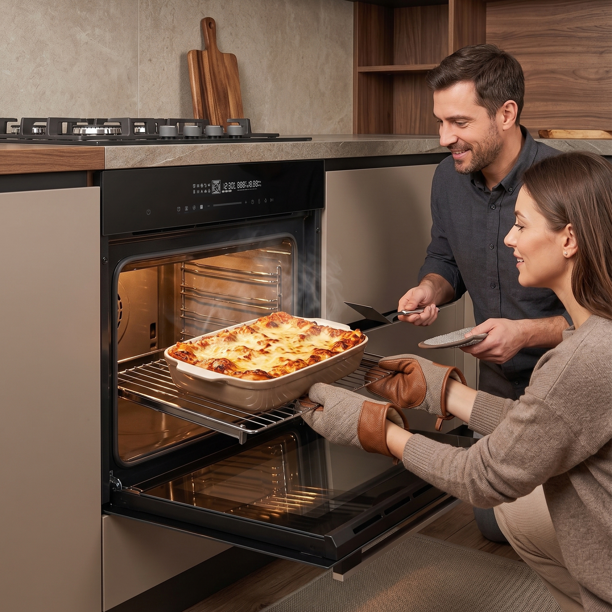 Un homme et une femme sortent une lasagne dorée d'un four.