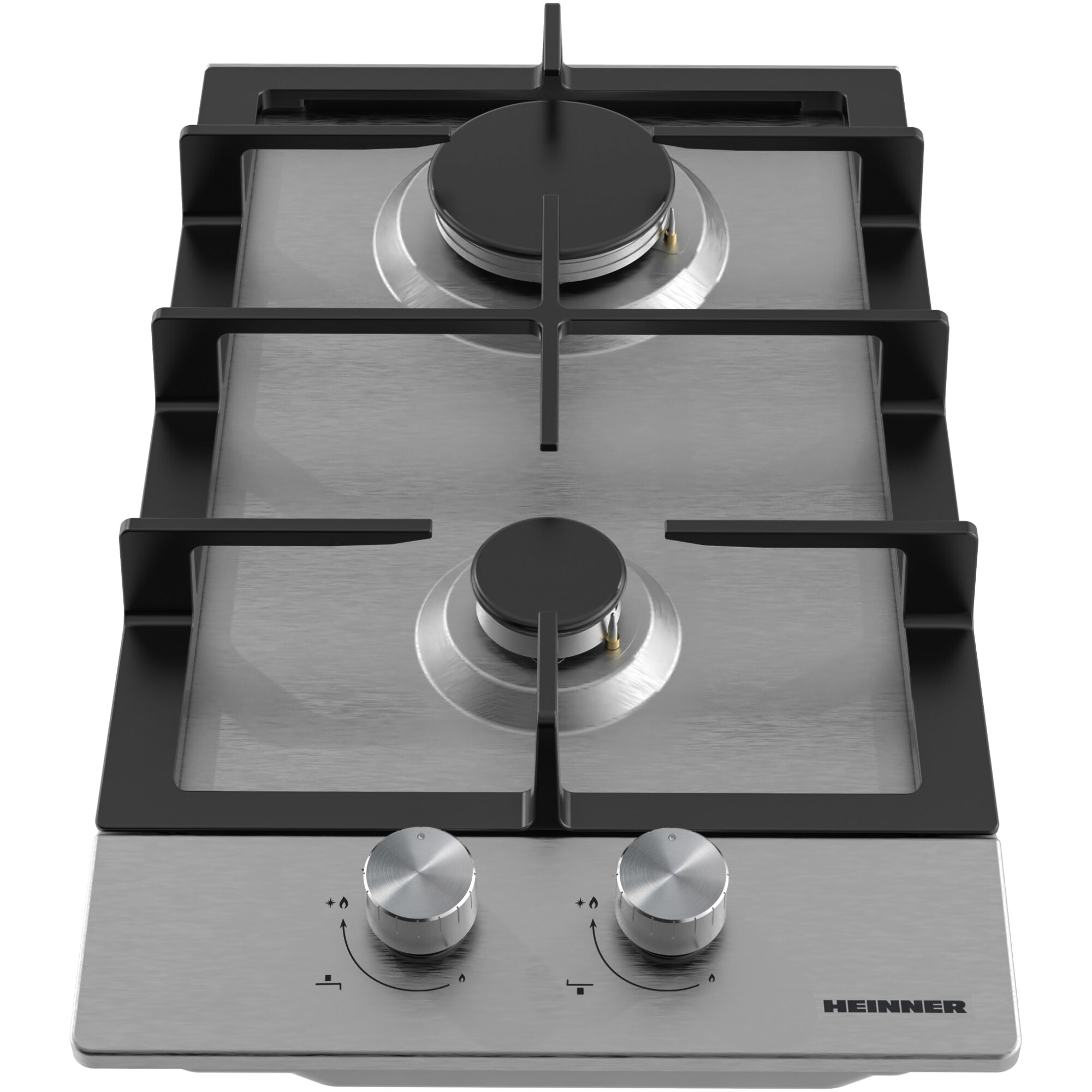 Stainless steel gas hob with two black burners and silver control knobs.