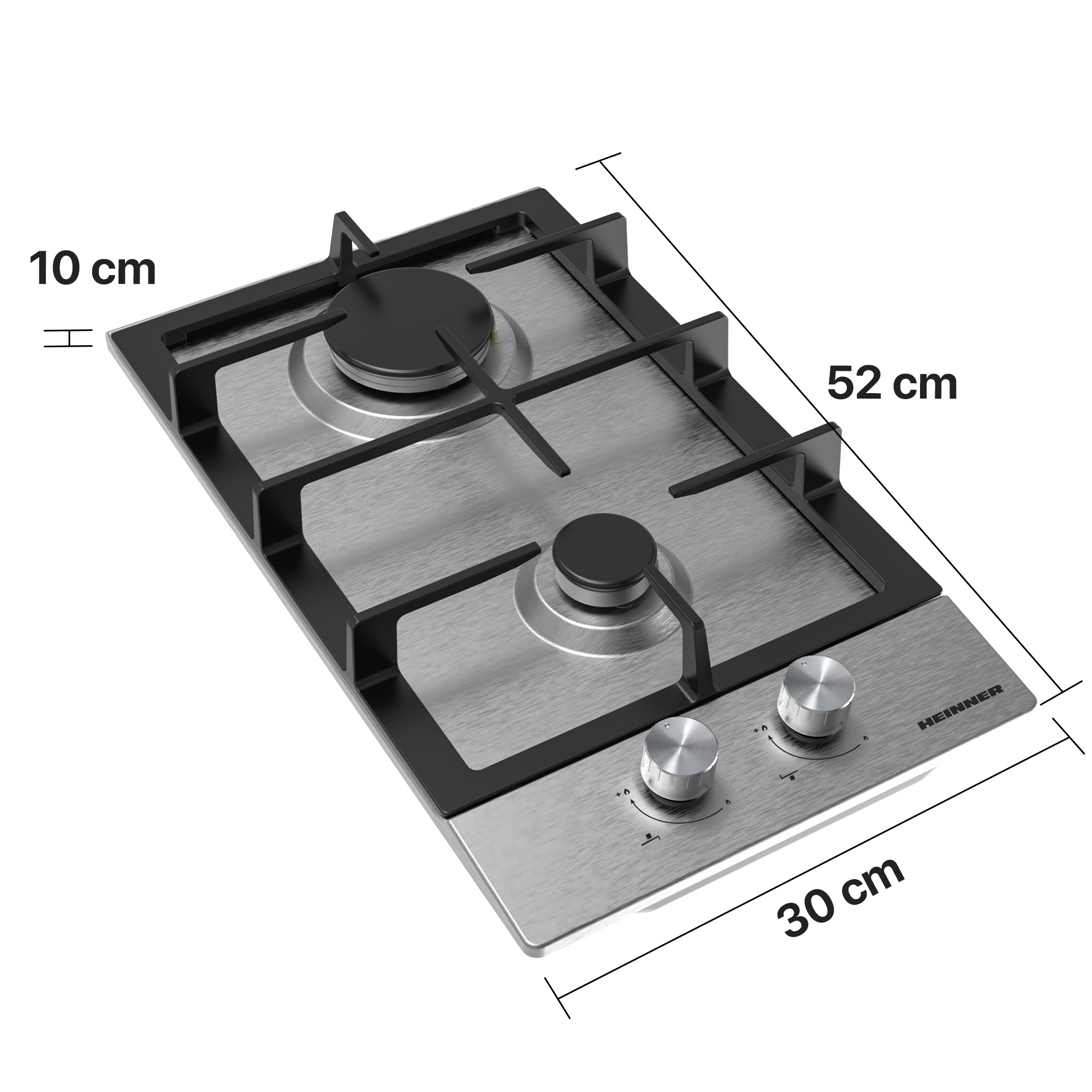 A silver gas hob with two burners, dimensions 30x52x10 cm.