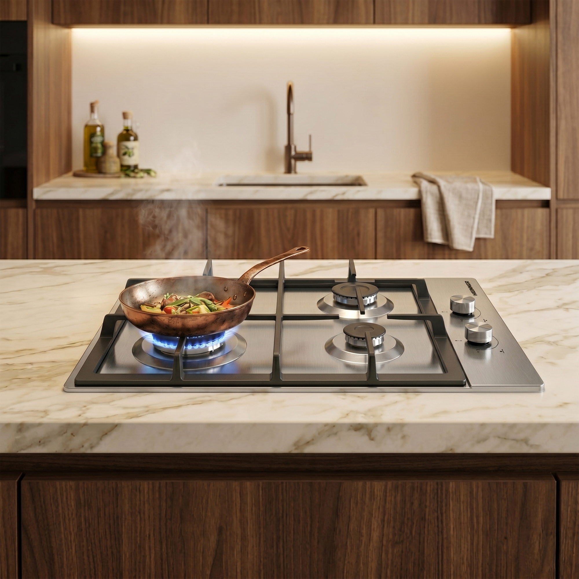 Vegetables are being fried in a copper pan on a gas stovetop.