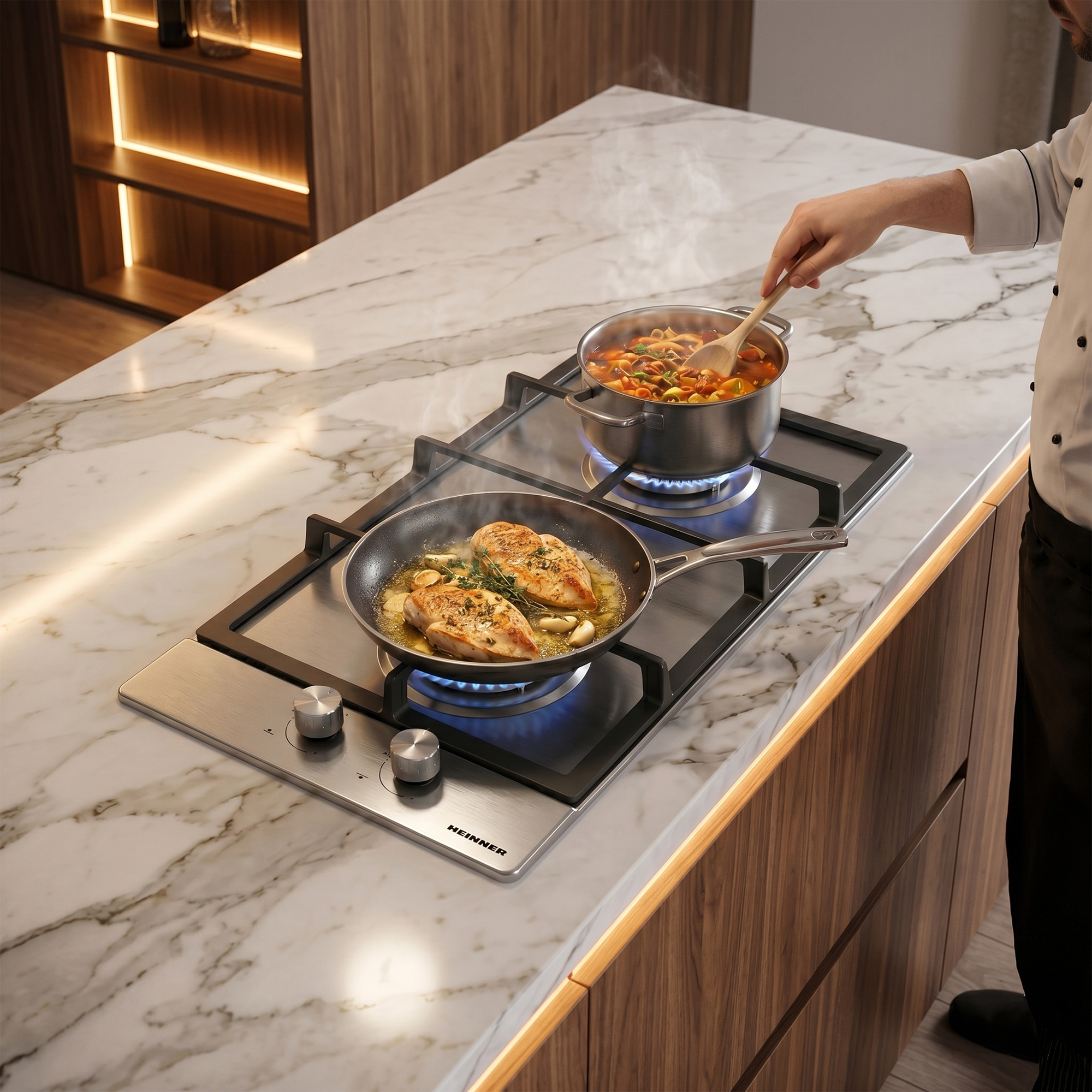 A chef fries chicken in a pan and cooks stew in a pot on a gas stove.
