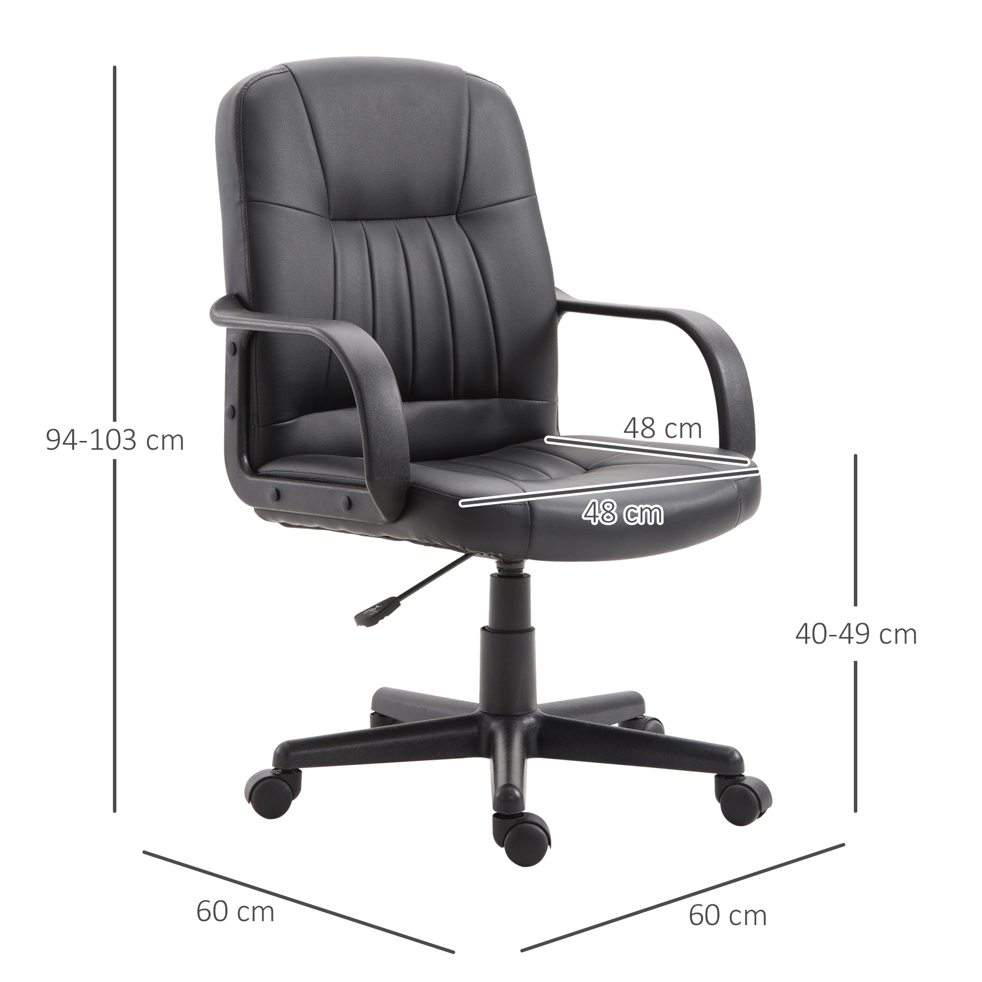 Sedia da ufficio nera con ruote e dimensioni, altezza 94-103 cm, larghezza 48 cm.