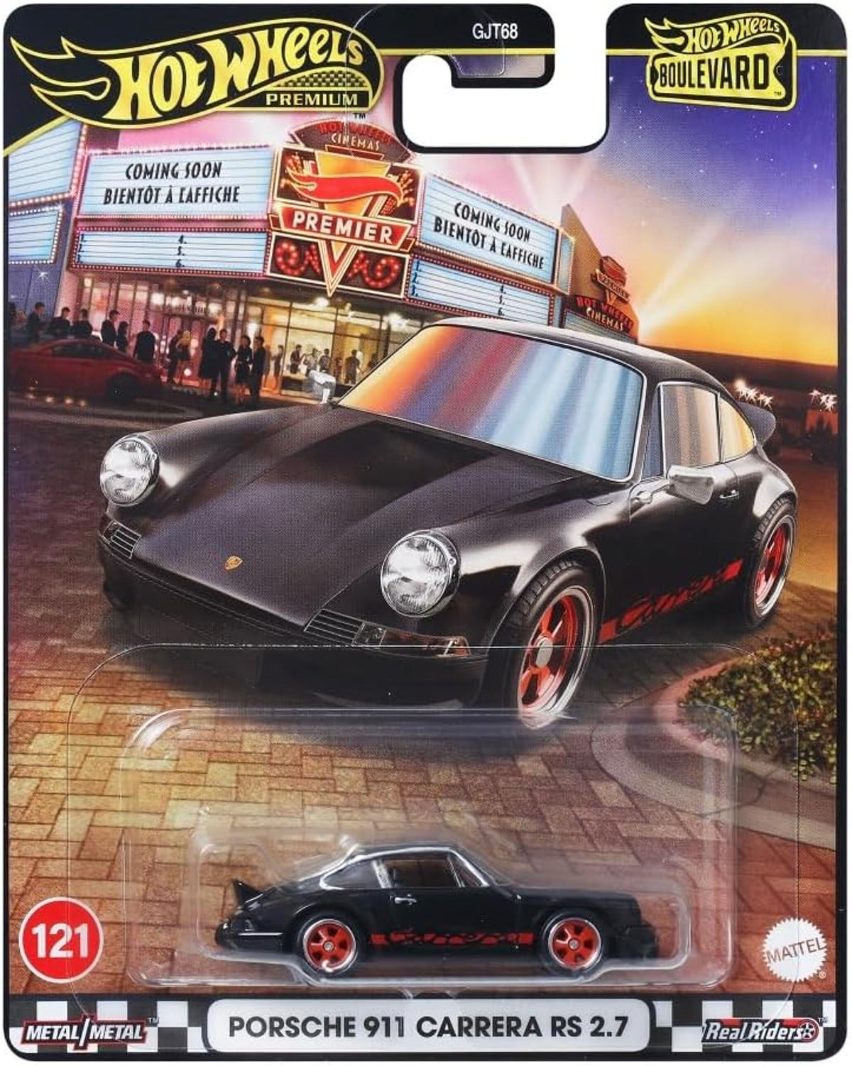 Modellino Porsche 911 Carrera RS 2.7 nero davanti a uno schermo cinematografico.