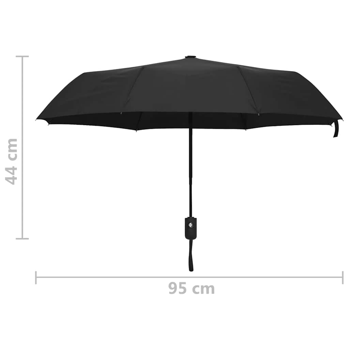 Ein geöffneter schwarzer Regenschirm mit Maßen 44 cm Höhe und 95 cm Breite.