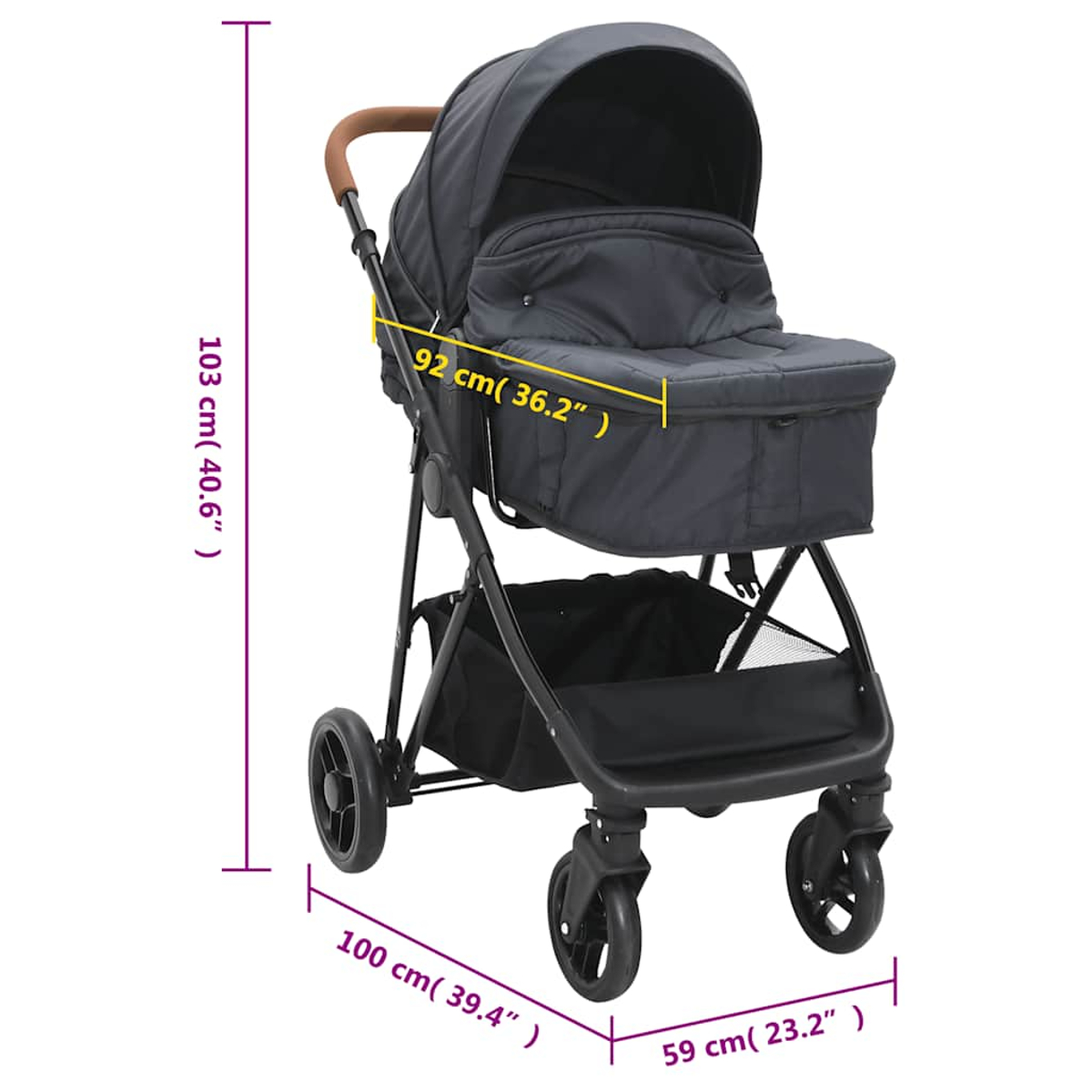 Schwarzer Kinderwagen mit Maßen. Höhe 103cm, Breite 59cm, Länge 100cm.