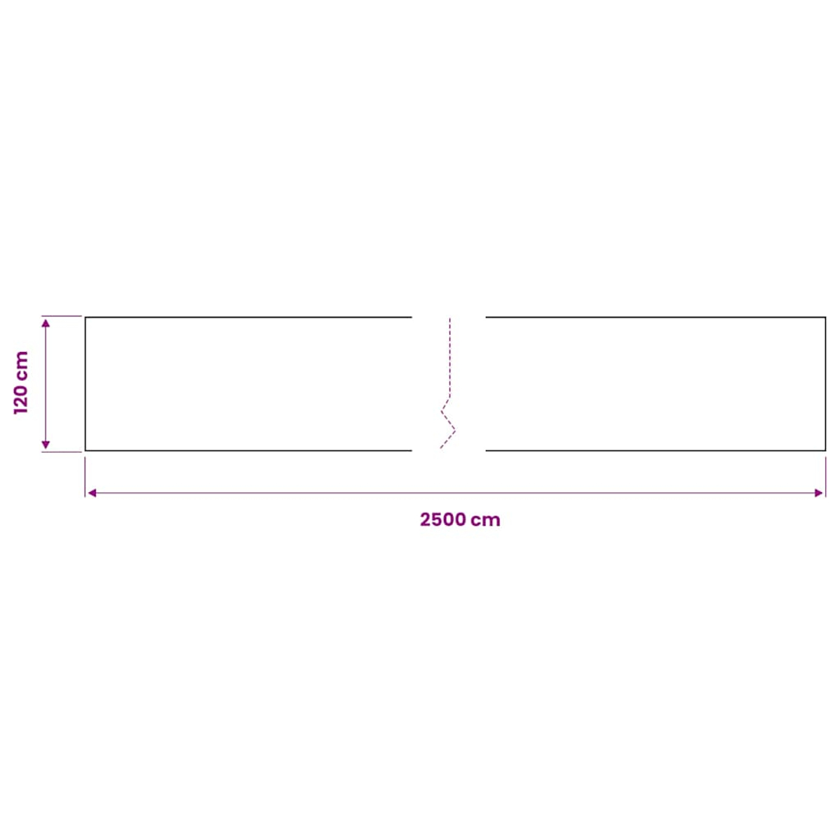 Eine schematische Darstellung eines langen Rechtecks mit einer Lücke in der Mitte. Beschriftet mit 120 cm und 2500 cm.