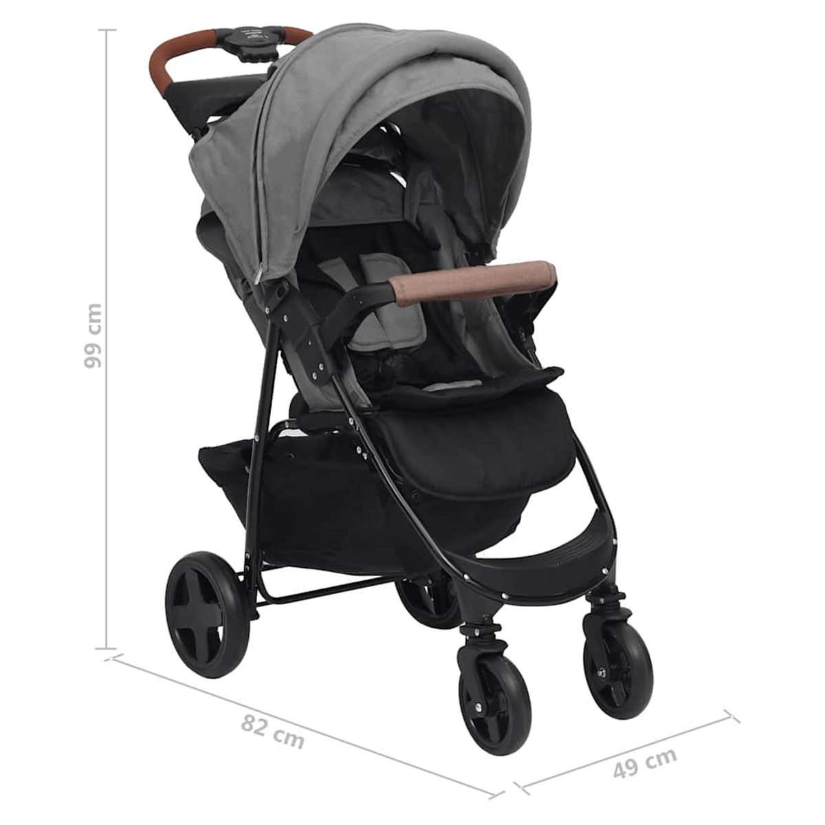 Grauer Kinderwagen mit braunen Griffen und schwarzem Stoff.