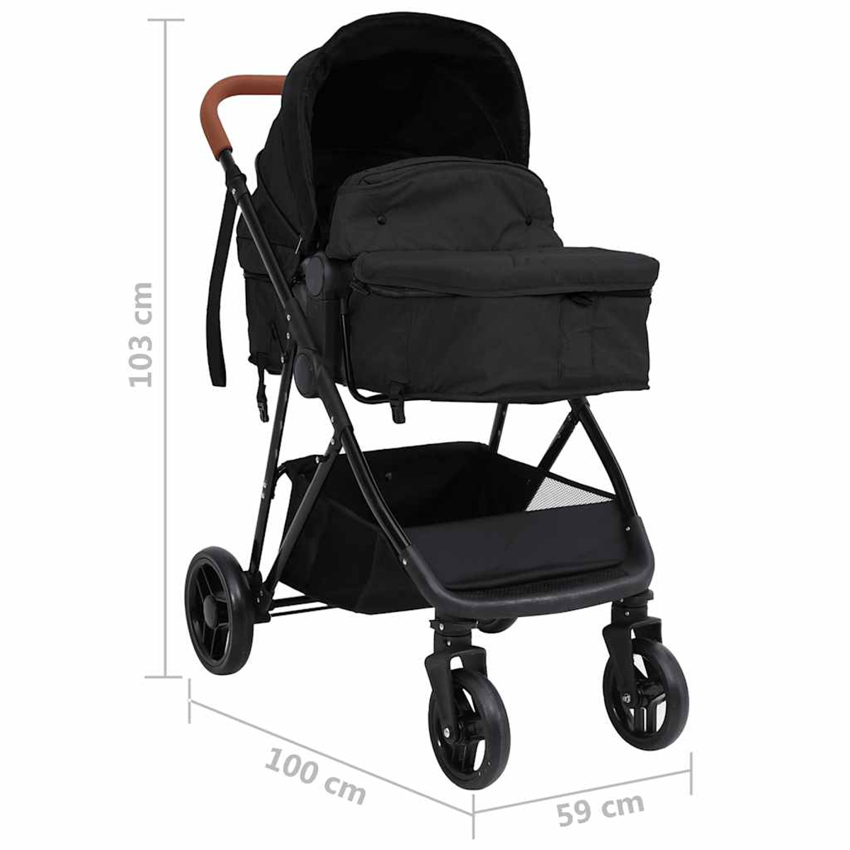 Schwarzer Kinderwagen mit braunem Griff, 103 cm hoch, 100 cm lang, 59 cm breit.