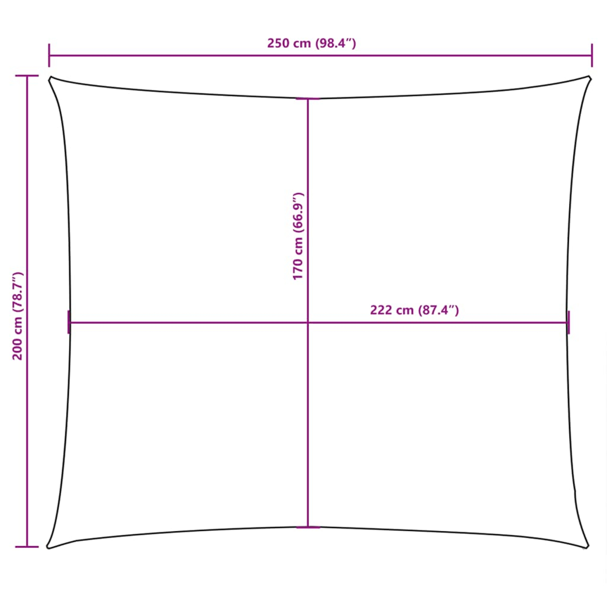 Eine schematische Darstellung mit Maßen für ein Sonnensegel: 250x200 cm.