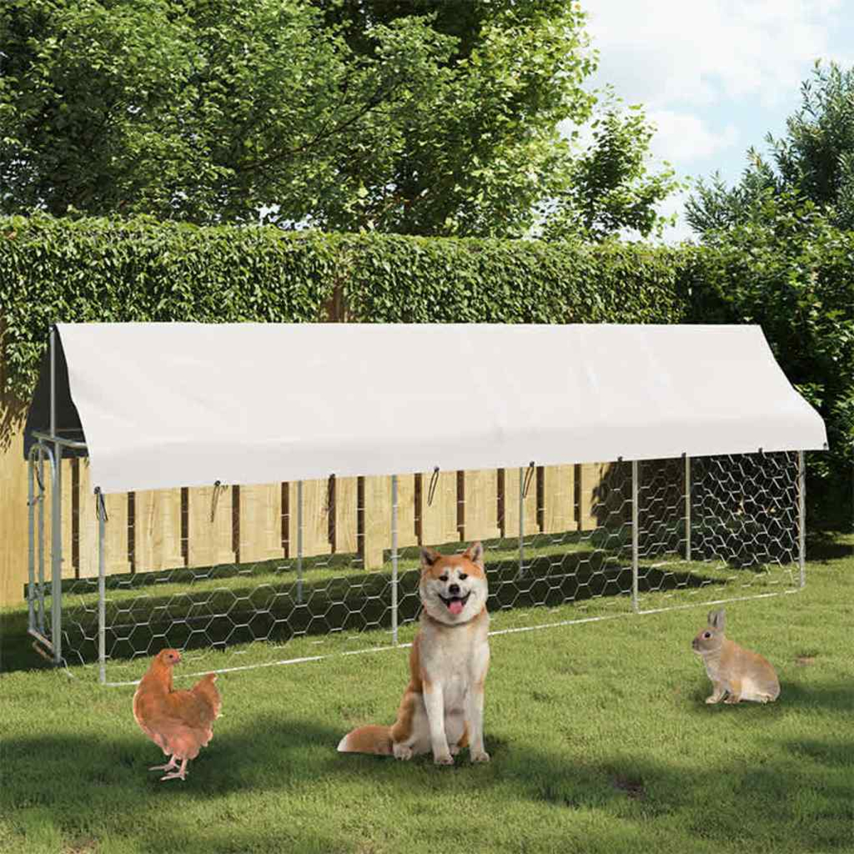 Ein Hund, ein Huhn und ein Kaninchen stehen vor einem Hühnerstall mit weißem Dach im Garten.