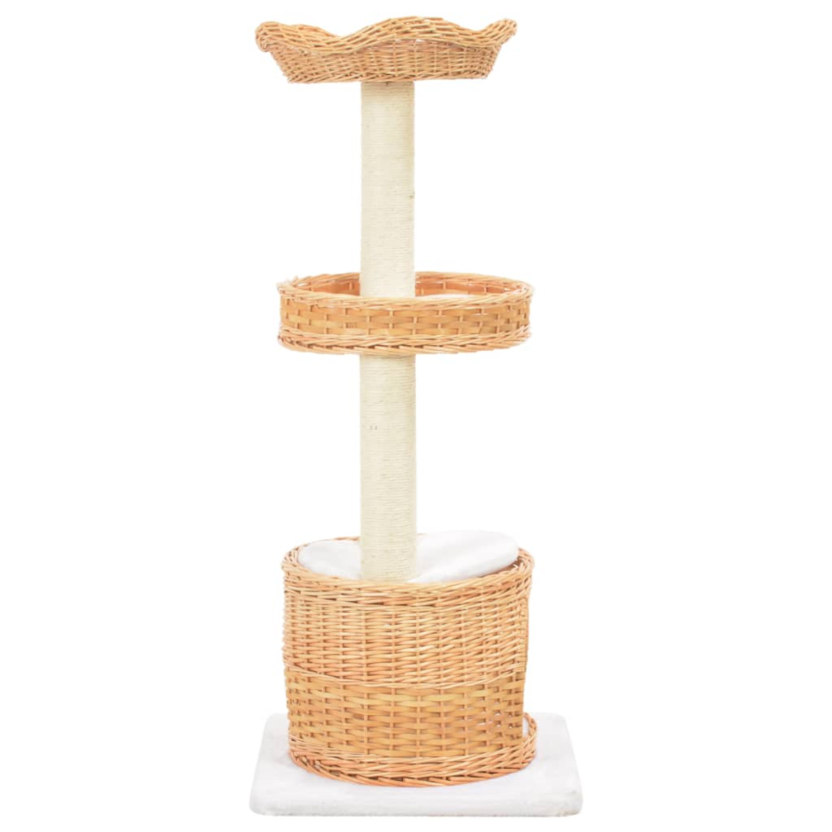 Ein Kratzbaum mit drei Ebenen aus Korbgeflecht und Sisal.