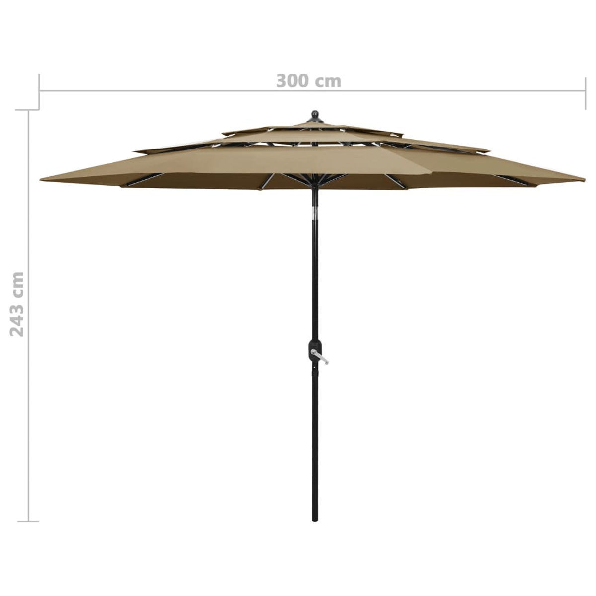 Ein brauner Sonnenschirm mit 8 Ebenen, 300 cm breit und 243 cm hoch.