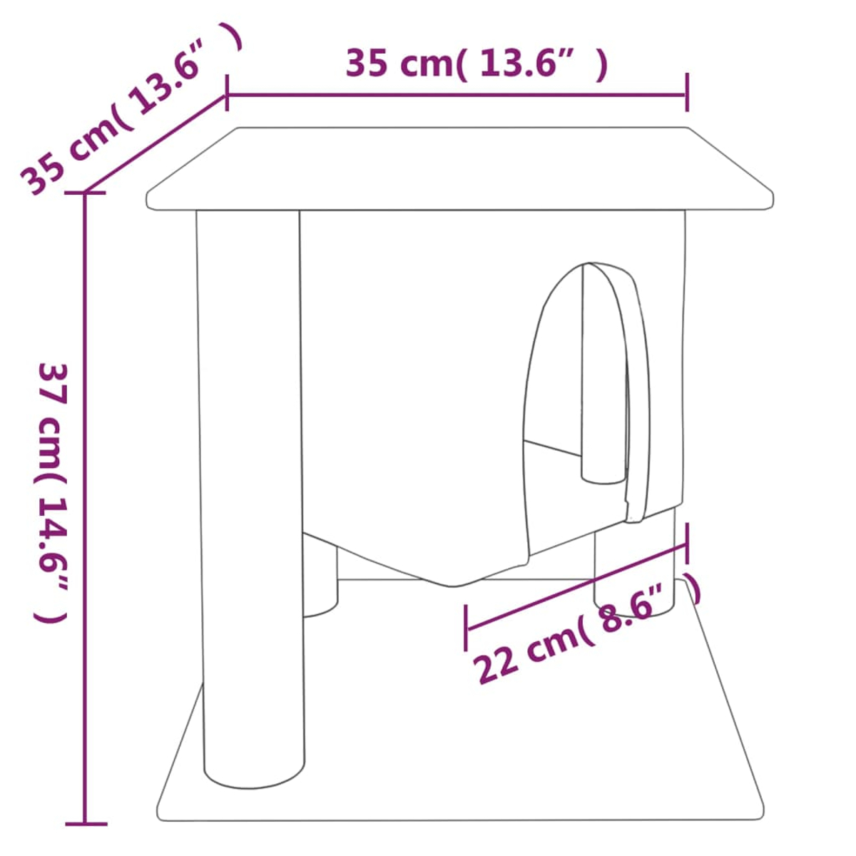 Eine schematische Zeichnung eines Katzenhauses mit Maßen 35x37x35cm.