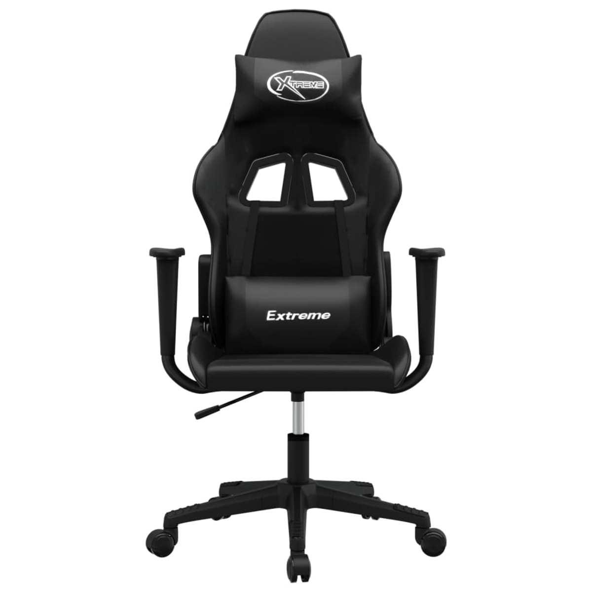 Ein schwarzer Gaming-Stuhl mit Kopf- und Lendenkissen.