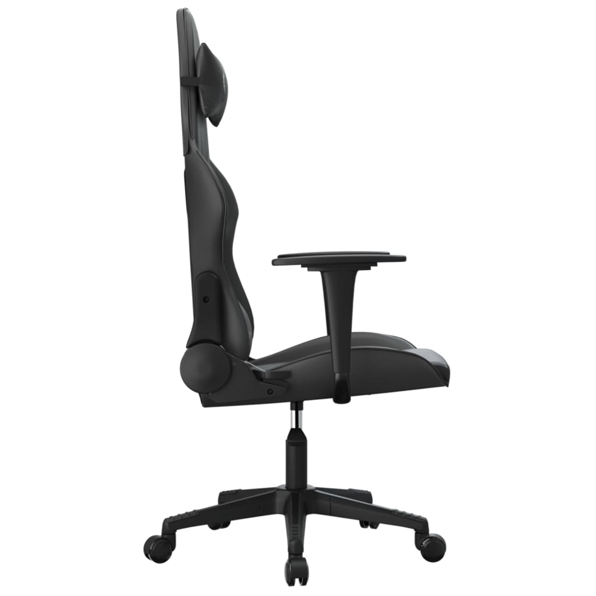 Schwarzer Gaming-Stuhl mit Kopfstütze und Armlehnen, von der Seite gesehen.