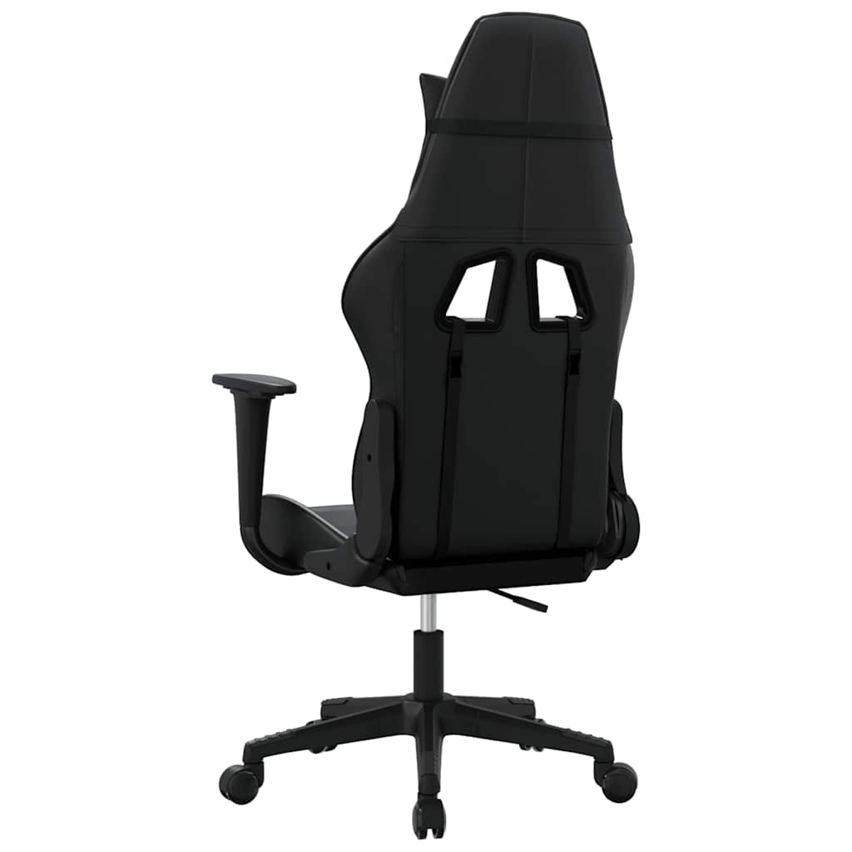 Schwarzer Gaming-Stuhl von hinten mit verstellbaren Armlehnen und Rädern.