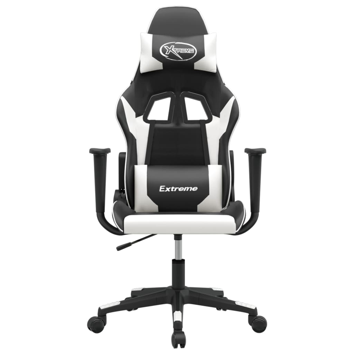 Ein schwarz-weißer Renn-Gaming-Stuhl mit Lenden- und Kopfkissen.