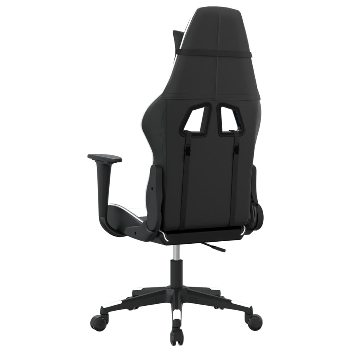Rückansicht eines schwarzen Gaming-Stuhls mit weißen Akzenten und Rädern.