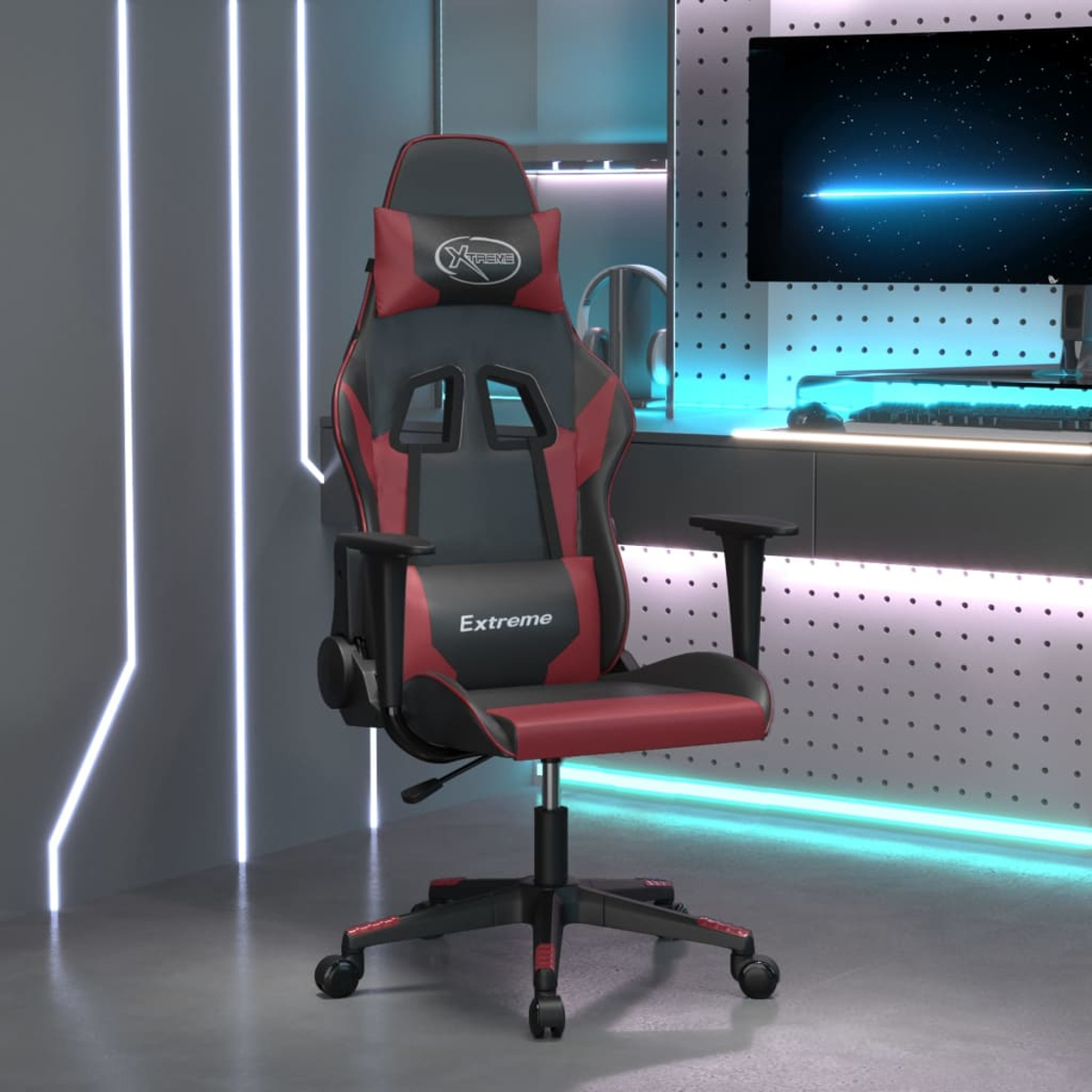 Ein roter und schwarzer Gaming-Stuhl mit Rädern und einem Kissen.
