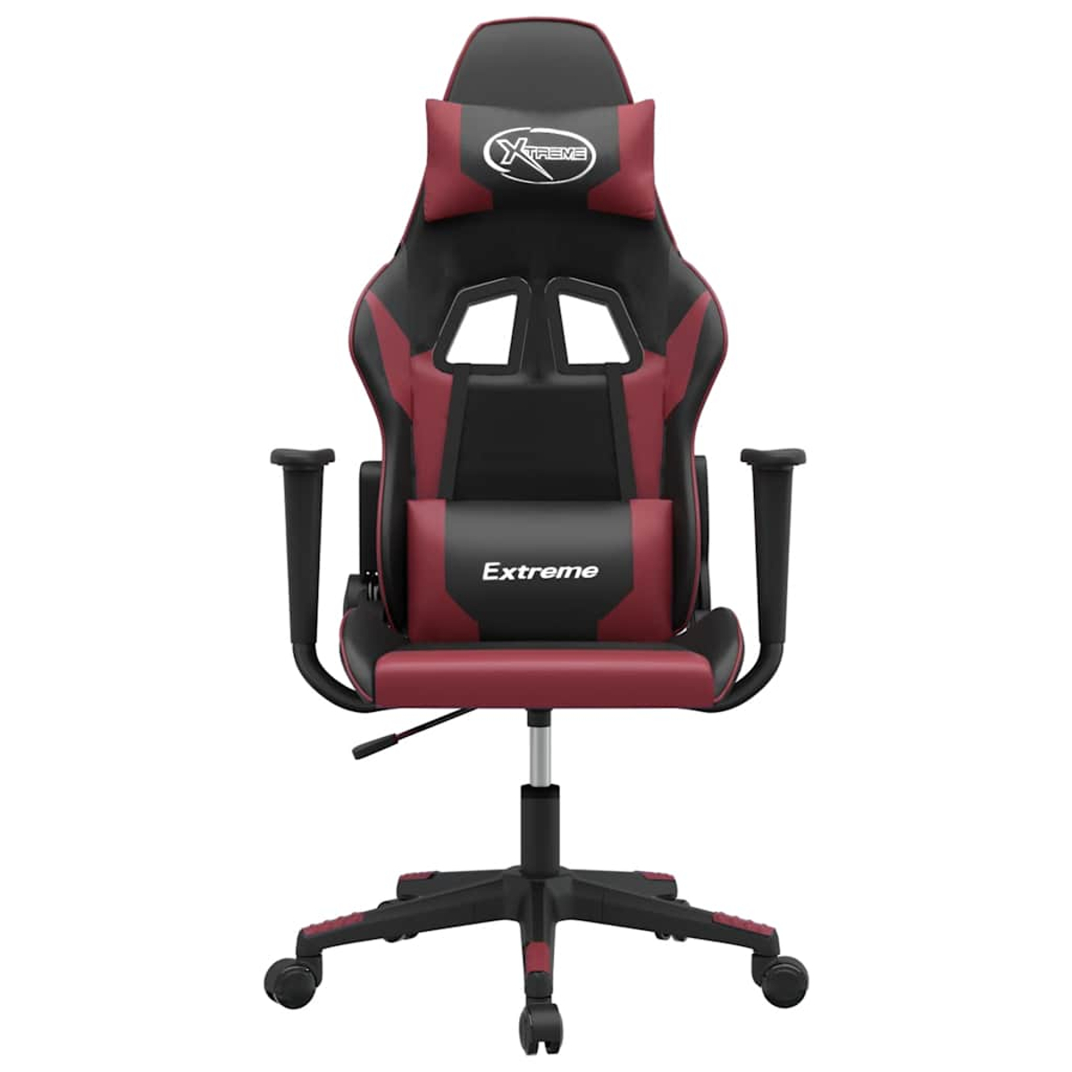 Ein roter und schwarzer Gaming-Stuhl mit Kopfstütze und Lendenkissen.