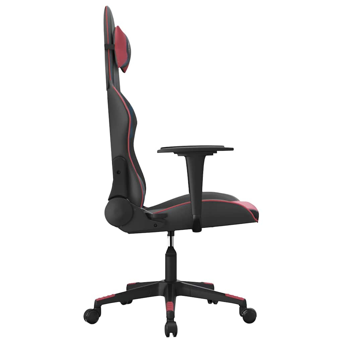 Ein schwarzer Gaming-Stuhl mit roten Akzenten, von der Seite gesehen.