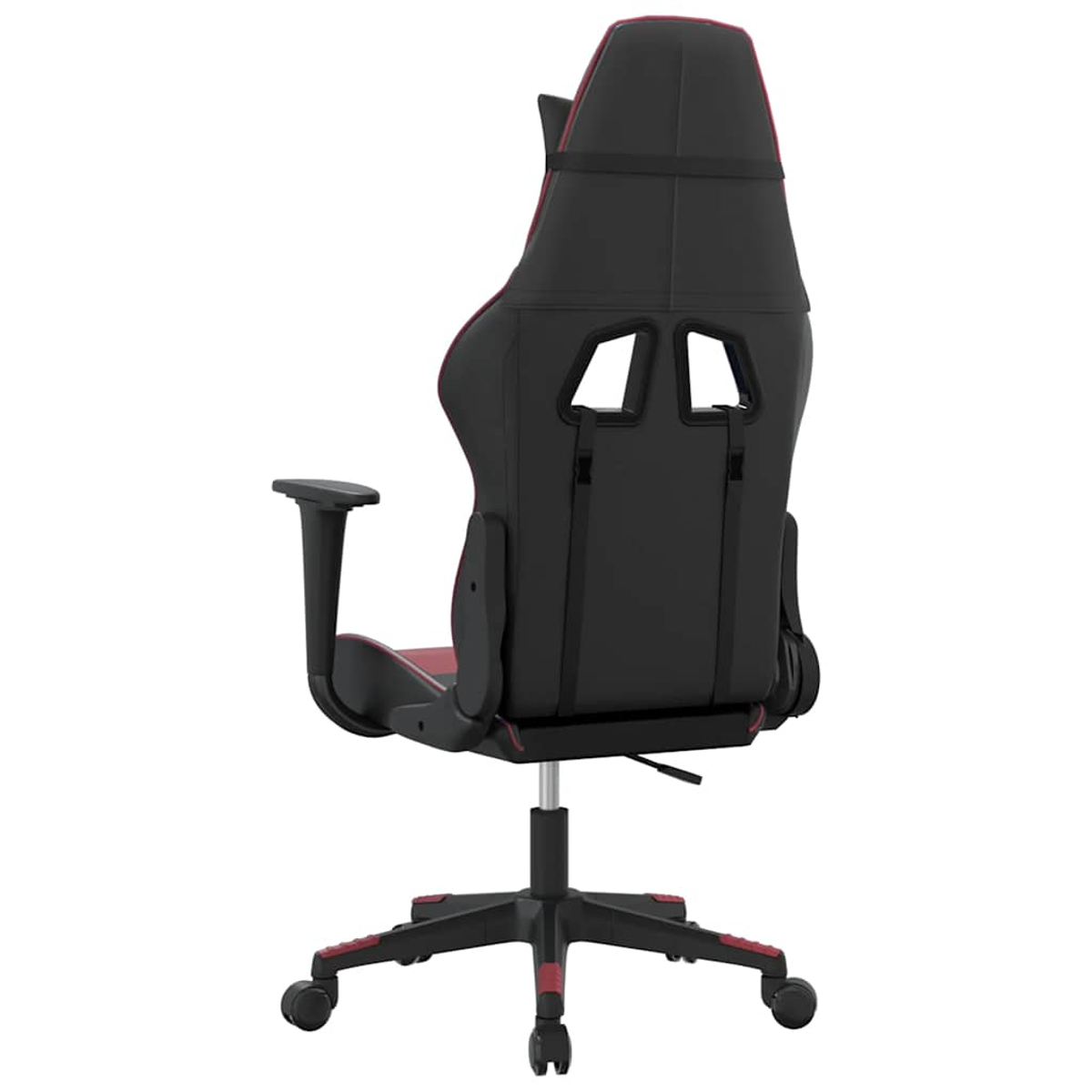 Schwarzer Gaming-Stuhl mit roten Akzenten, von hinten gesehen.