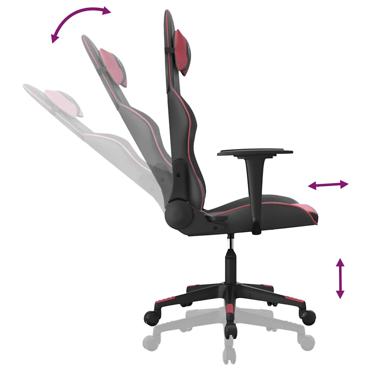 Schwarzer Gaming-Stuhl mit rosa Akzenten, verstellbare Rückenlehne und Sitzhöhe.