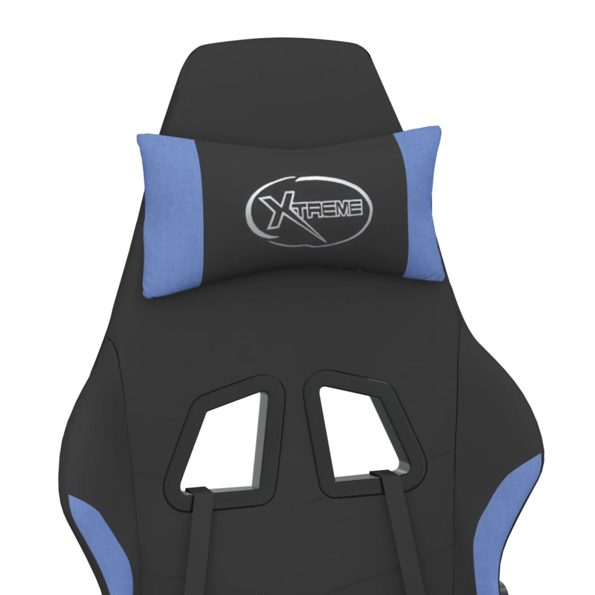 Schwarzer Gaming-Stuhl mit blauem Akzent und Logo-Kissen.